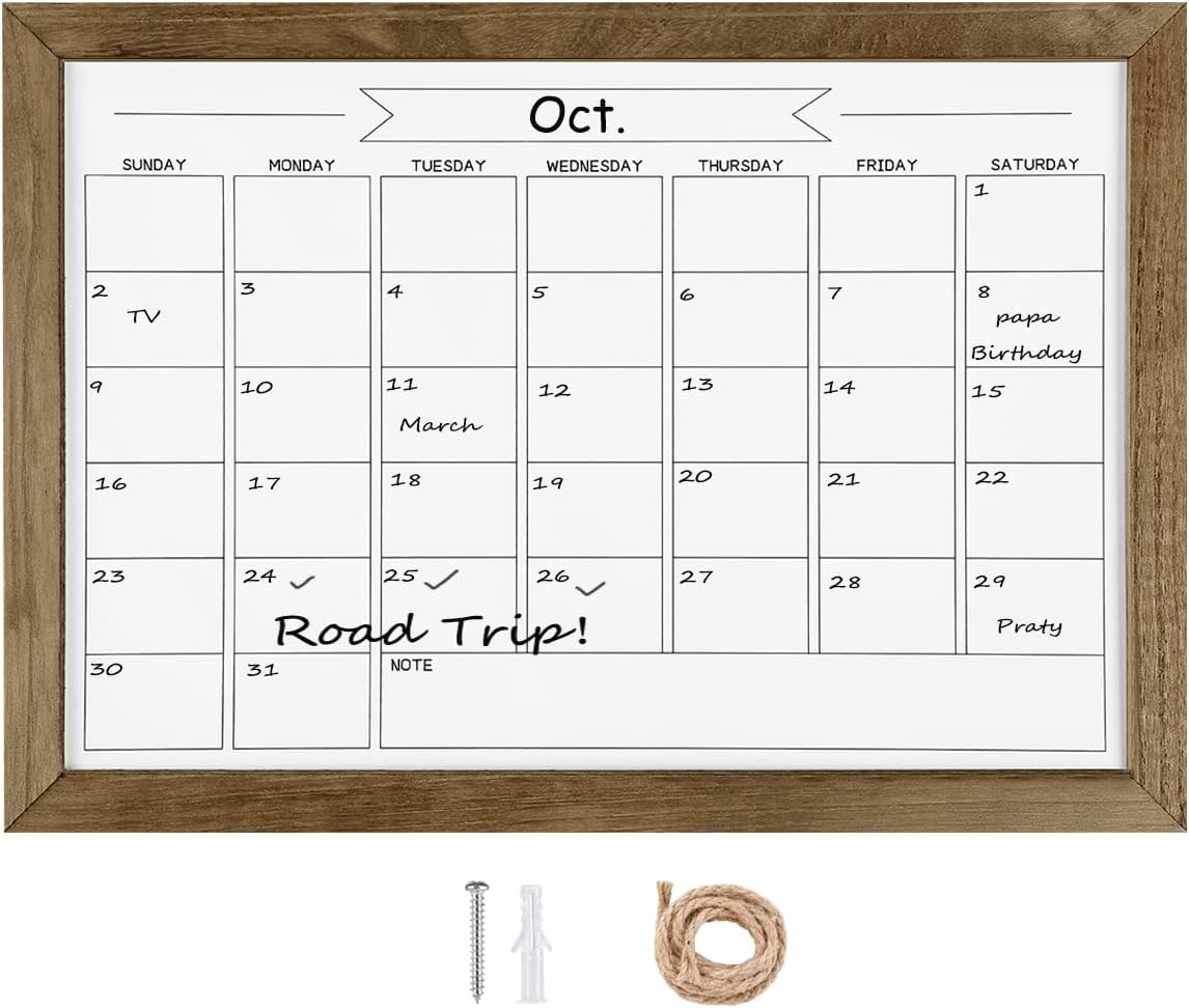 Pizarra de calendario mensual de borrado en seco, pizarra blanca magnética para pared, oficina, escuela, hogar, marco de madera para colgar lista de