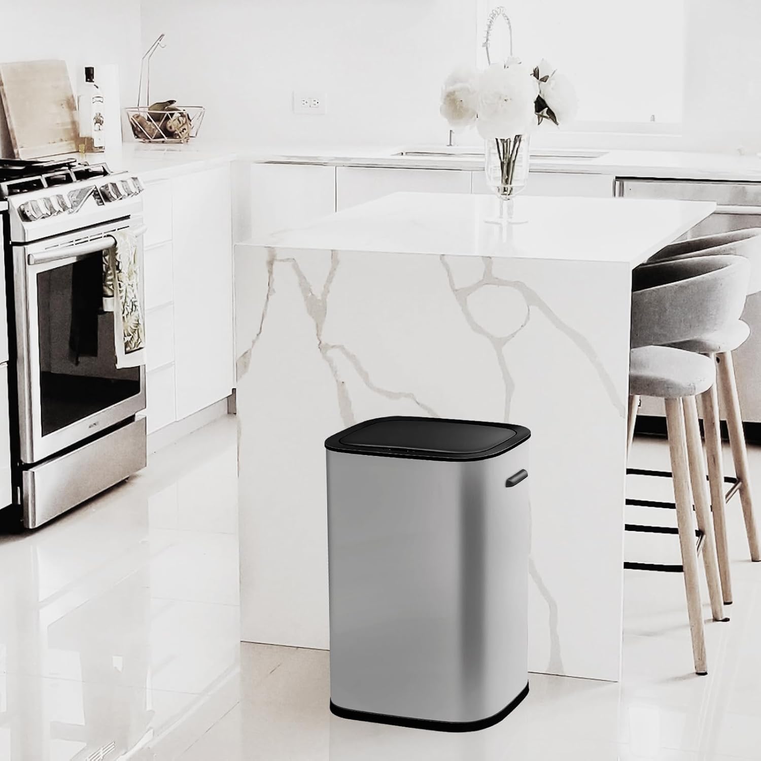 Basurero de cocina de 55 litros14.5 galones, bote de basura automático con sensor de movimiento y sin tacto, diseño silencioso antihuellas, adecuado