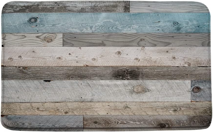 YSSFAV 2 tapetes de baño de madera rústica, azul, gris, verde azulado, vintage, para puerta de granero, espuma viscoelástica, baño, cocina,