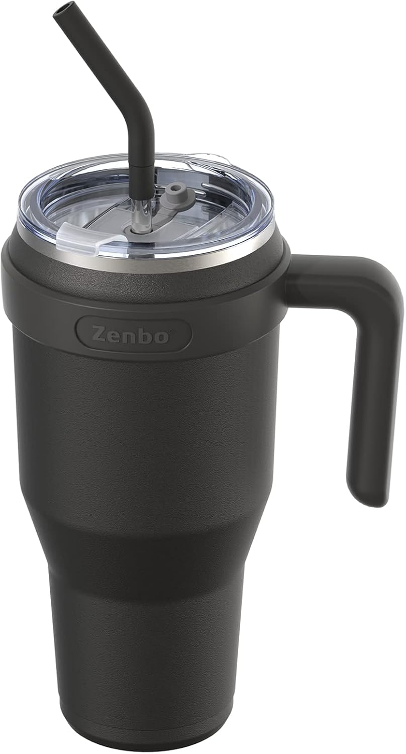 Zenbo Vaso de 40 onzas con asa, acero inoxidable aislado al vacío con asa, tapa y popote, mantiene las bebidas frías hasta 34 horas, cuerpo a prueba