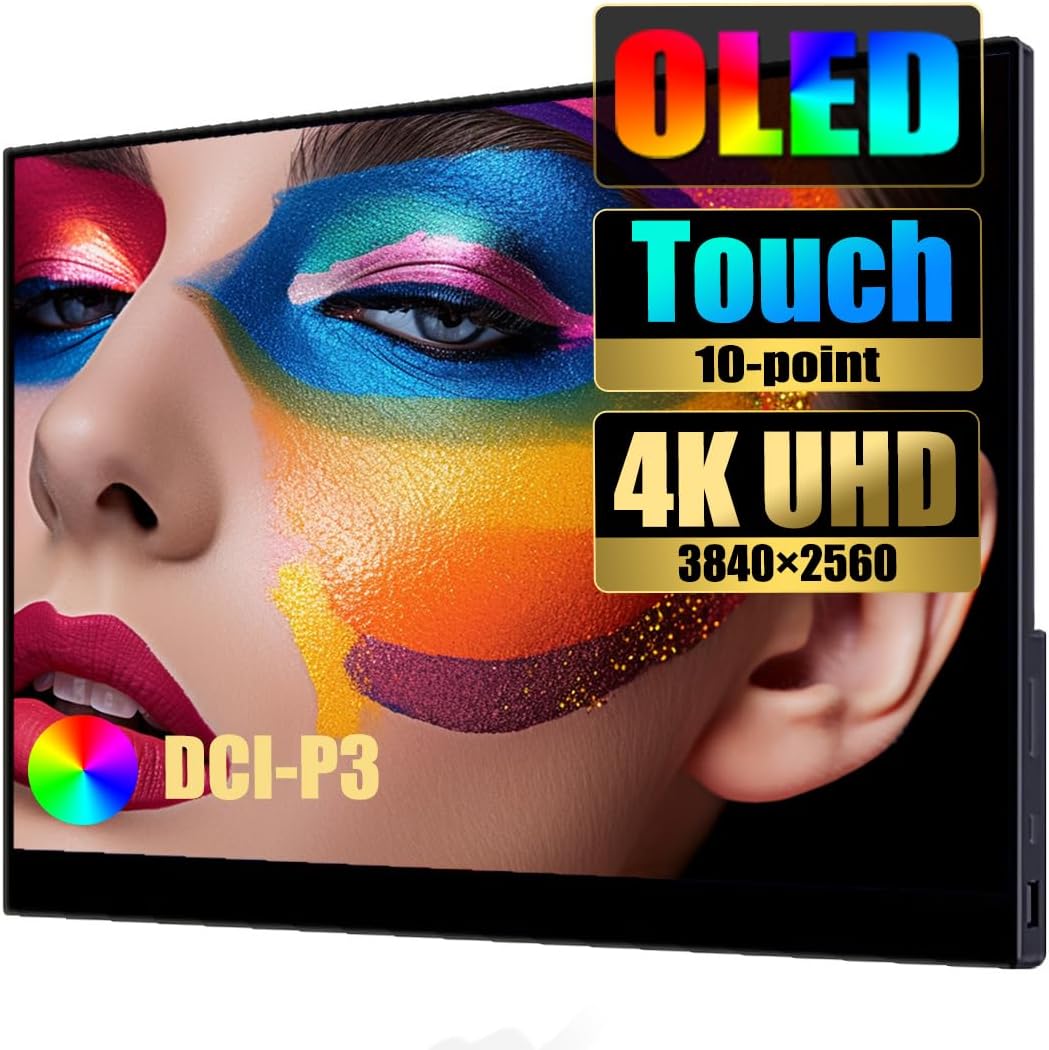 Bimawen Monitor portátil de pantalla táctil OLED 4K de 13.3 pulgadas, monitor de viaje ultra delgado con soporte integrado, 400 liendres, 0.157 in