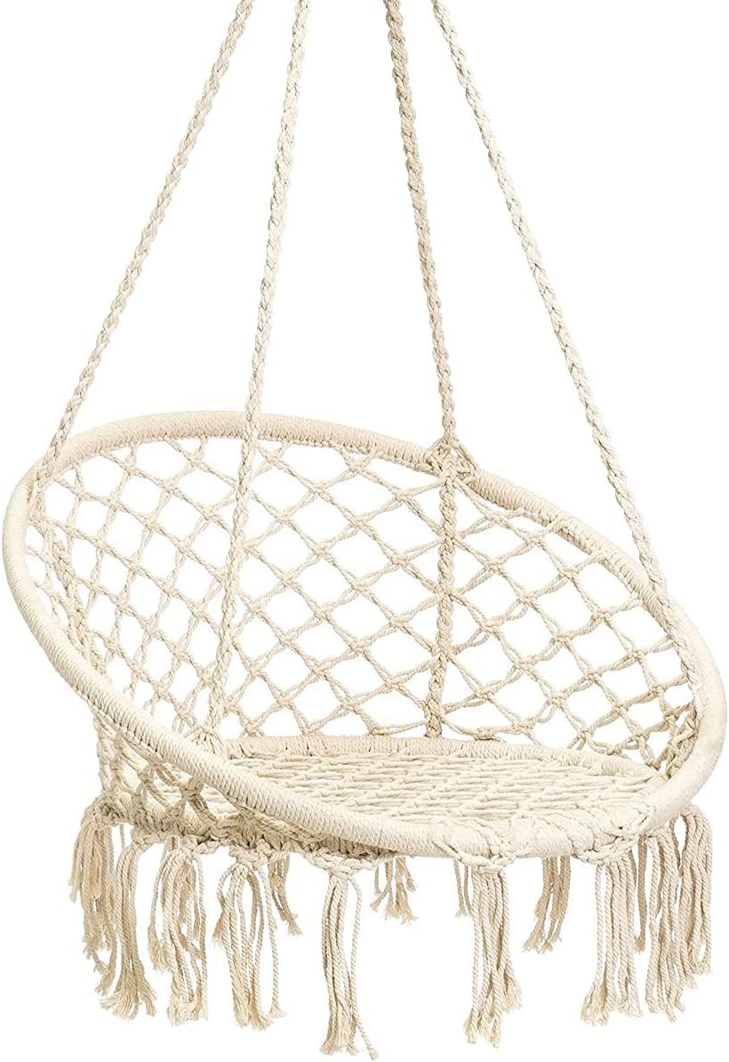 Silla hamaca de macramé, silla colgante de malla, columpio de cuerda de algodón duradero para dormitorio, patio, jardín, terraza, patio, capacidad