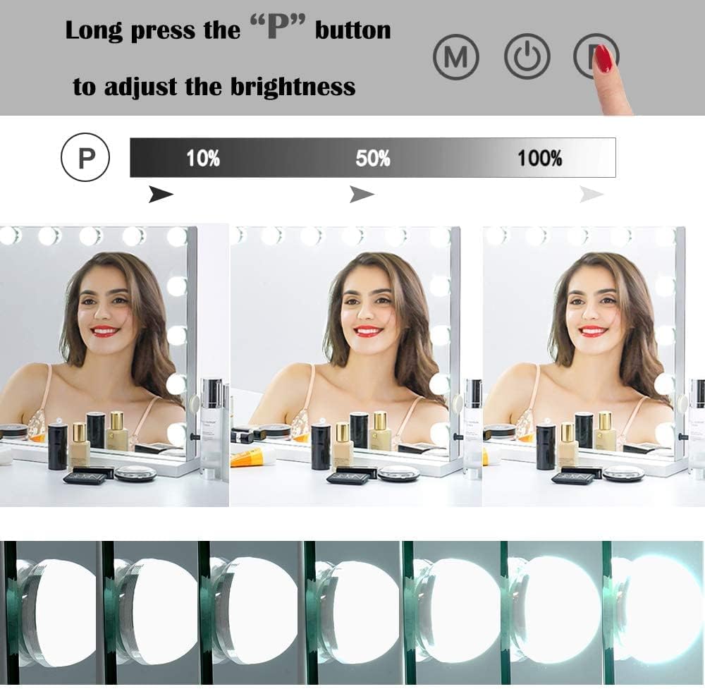 Espejo de maquillaje con luces, aumento de 10X, espejo de tocador grande iluminado Hollywood con 15 bombillas LED regulables, 3 modos de color,