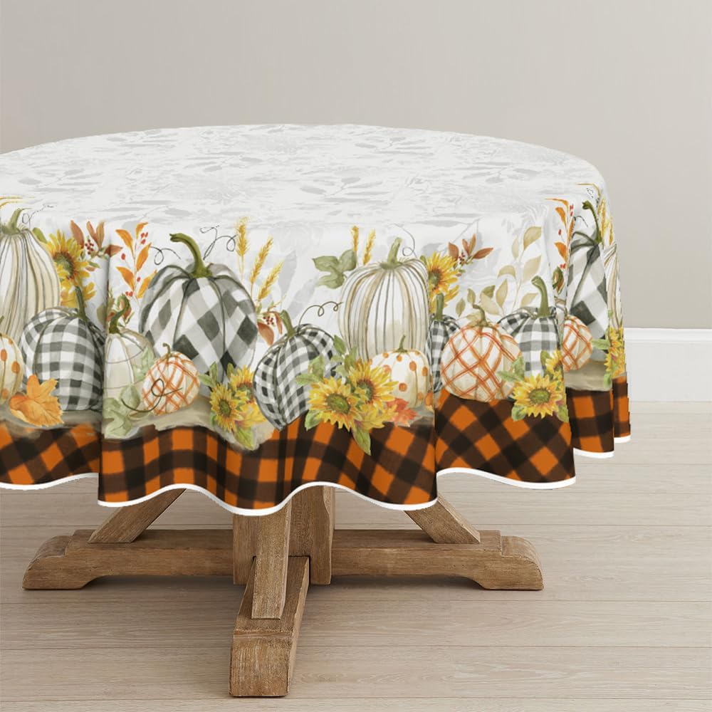 Horaldaily Mantel redondo de otoño de 70 x 70 pulgadas, diseño de calabazas de cosecha de otoño de Acción de Gracias, diseño de búfalo naranja, para