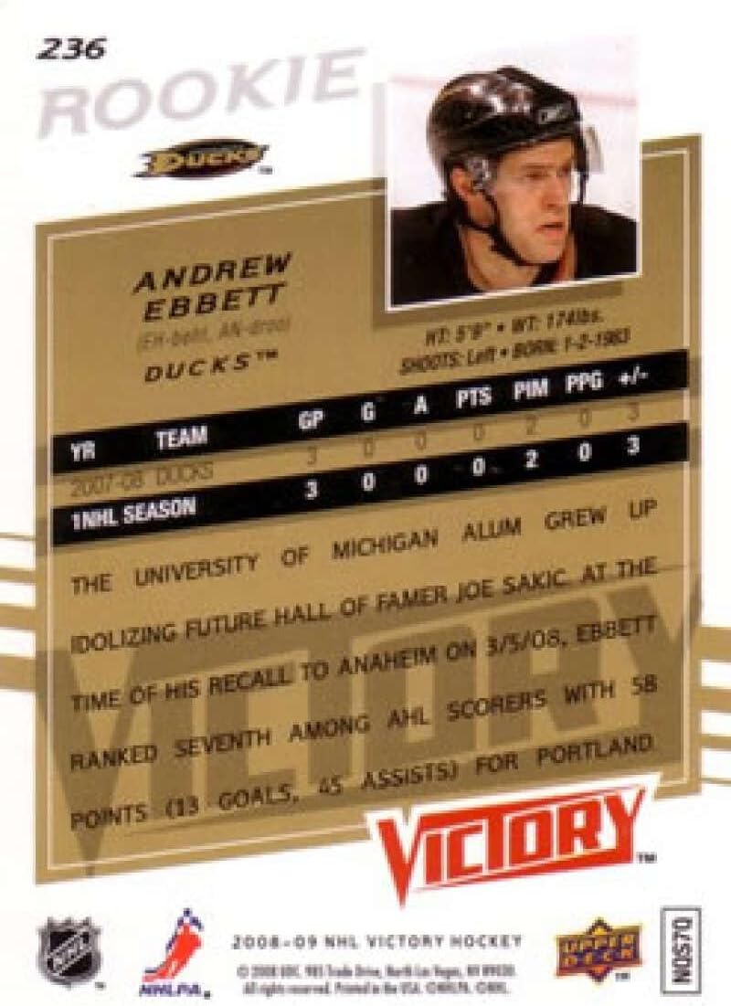 2008-09 Upper Deck Victory Hockey #236 Andrew Ebbett RC Rookie Anaheim Ducks Official NHL Trading Card (Stock Photo Shown, Near Mint or Better
