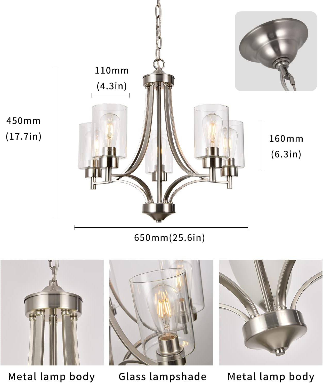 BOZO Moderno candelabro de 5 luces de níquel cepillado para comedor con pantalla de vidrio transparente colgante de techo para cocina pasillo