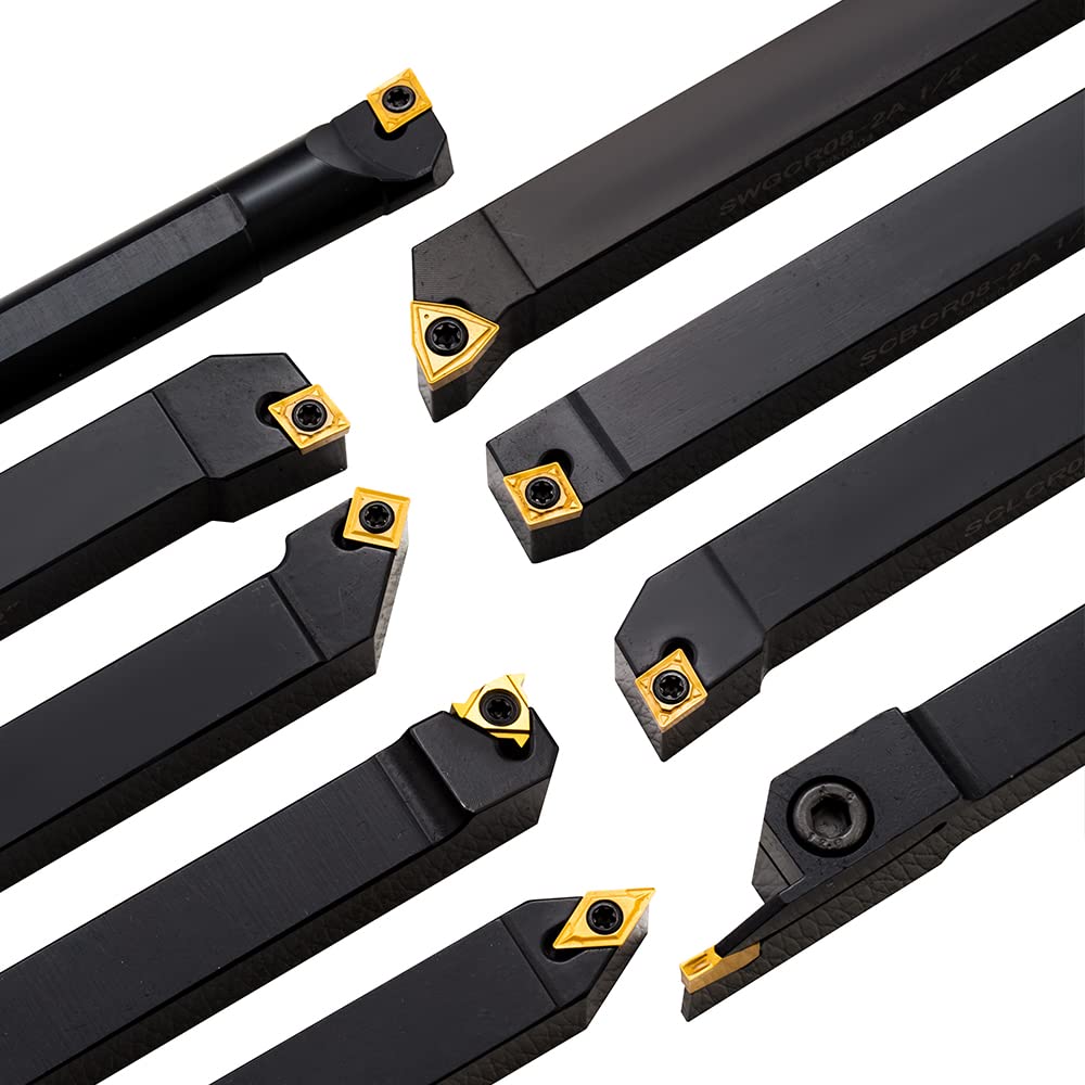 YUFUTOL Herramienta de torneado de torno indexable, vástago de 12 pulgada, 9 piezas de herramientas de torneado de carburo y barra de taladrado,