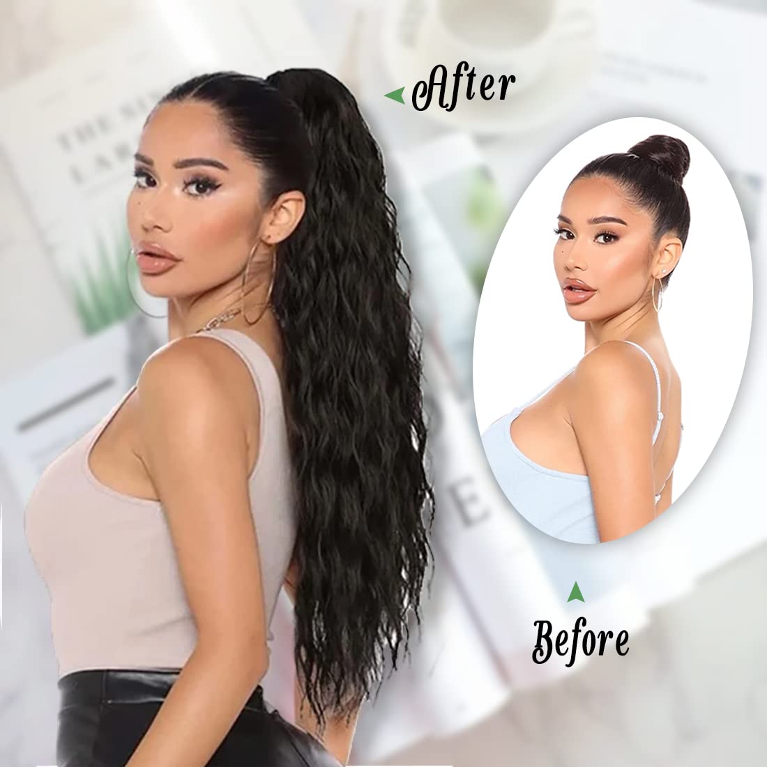 Miuric Extensión de cola de caballo de 24 pulgadas, rubio claro y rubio dorado, extensiones de cabello con cordón para mujer, cola de caballo larga,