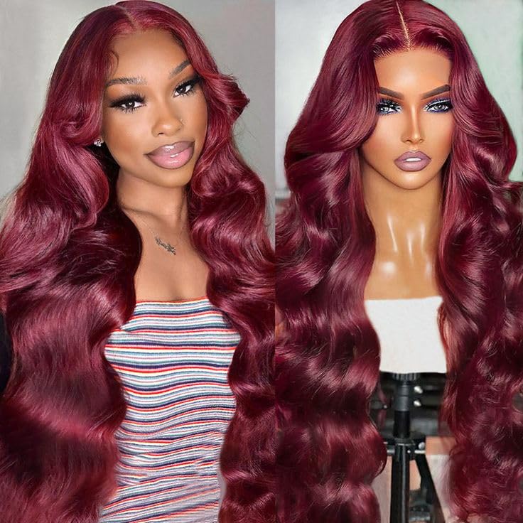 Peluca de cabello humano ondulado con encaje frontal color borgoña 99J de 13 x 4, densidad del 150 %, pelucas de color rojo vino para mujeres,