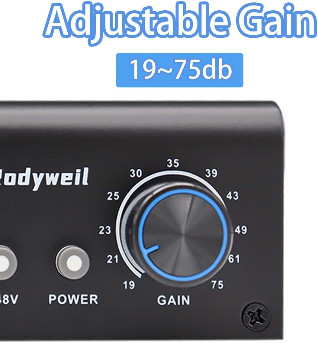 Micrófono Preamplificador Mic Gain Booster con 2 Entradas Max 75db Ganancia 48V Phantom Power para micrófono dinámico y condensador