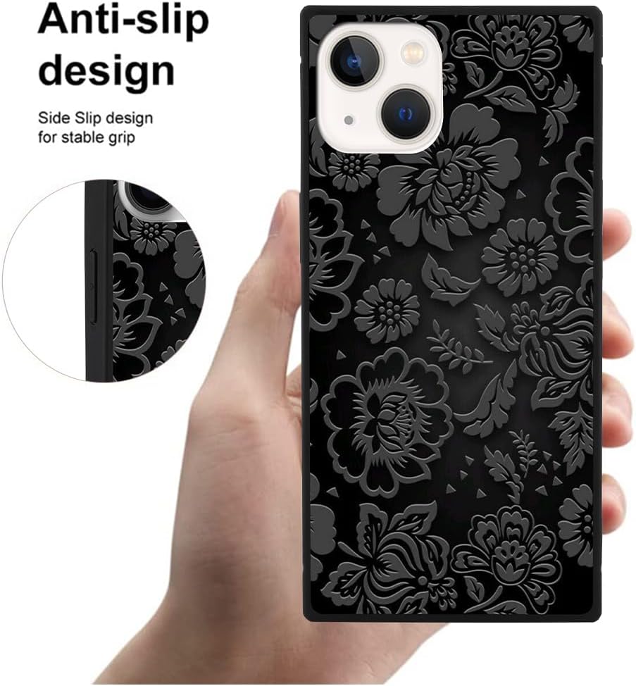 SAKUULO Funda para iPhone 13, protector de pantalla + soporte Bonito diseño de estampado de flores negras, protección de bordes de TPU suave,