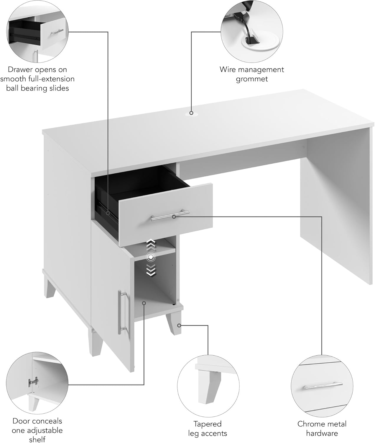 Bush Furniture Somerset – Escritorio de oficina de 54 W con cajón y armario de almacenamiento en color blanco  Mesa de computadora para estación de