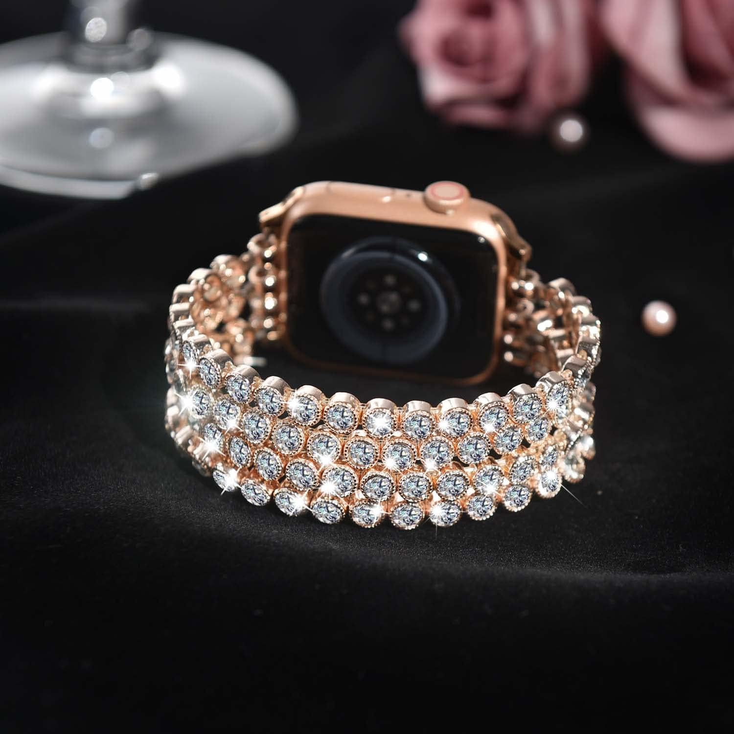 VISOOM Pulsera brillante compatible con Apple Watch Series 8 de oro rosa de 1.575 pulgadas, 1.496 pulgadas, 1.614 pulgadas, Series SE76, correa