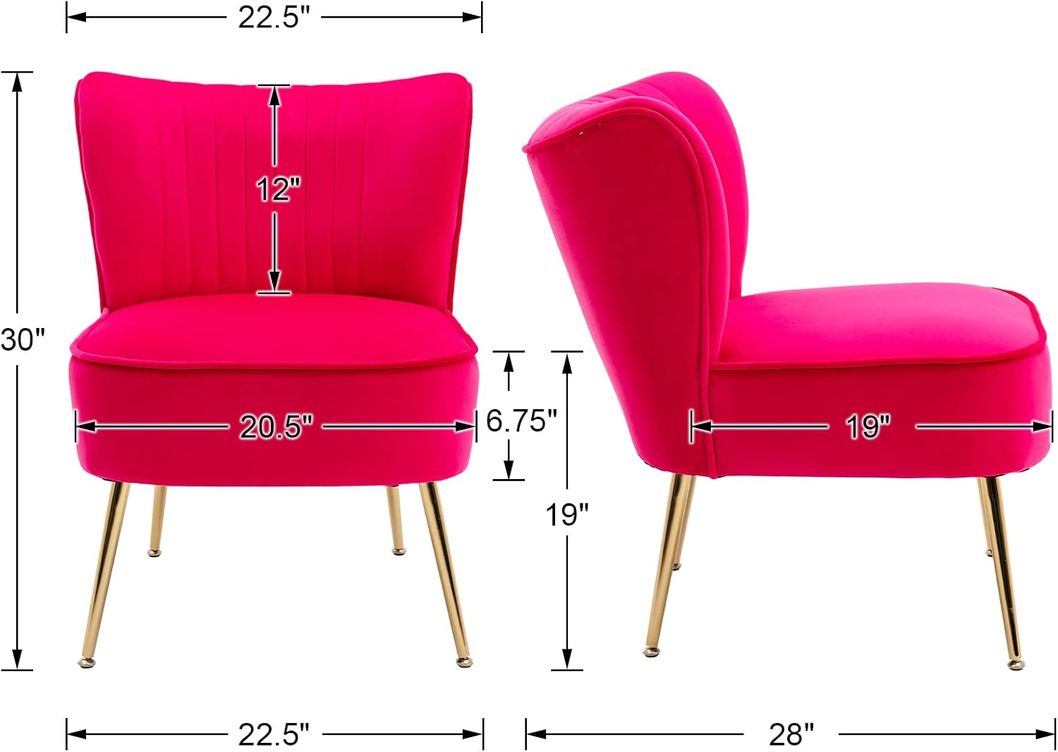 Juego de 2 sillas decorativas de terciopelo modernas tapizadas con patas doradas, cómodas sillas laterales sin brazos con respaldo de ala, sillas