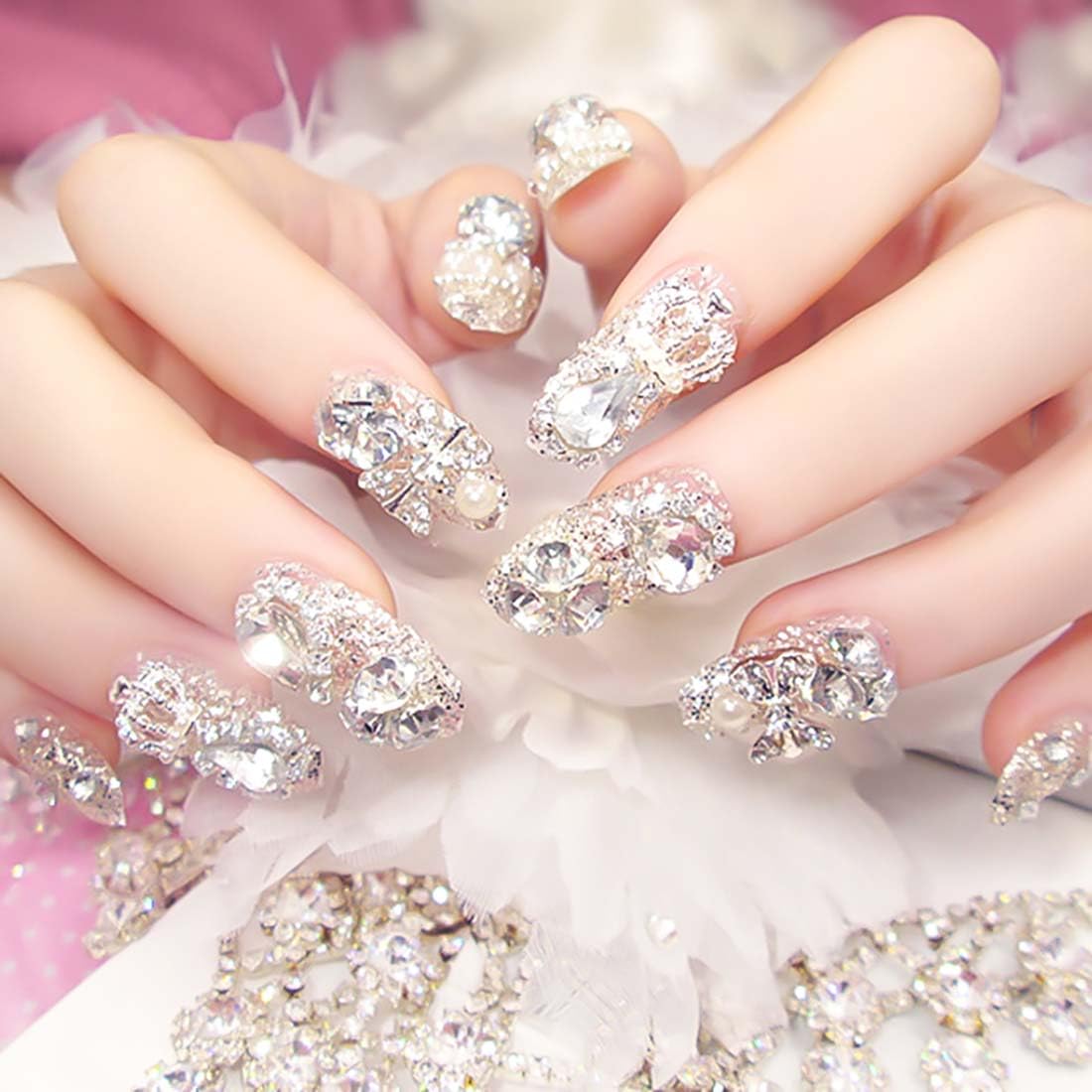 Uñas postizas a presión de almendra, ovaladas, medianas, uñas postizas acrílicas con diamantes de imitación 3D, diseños de lazo con purpurina en