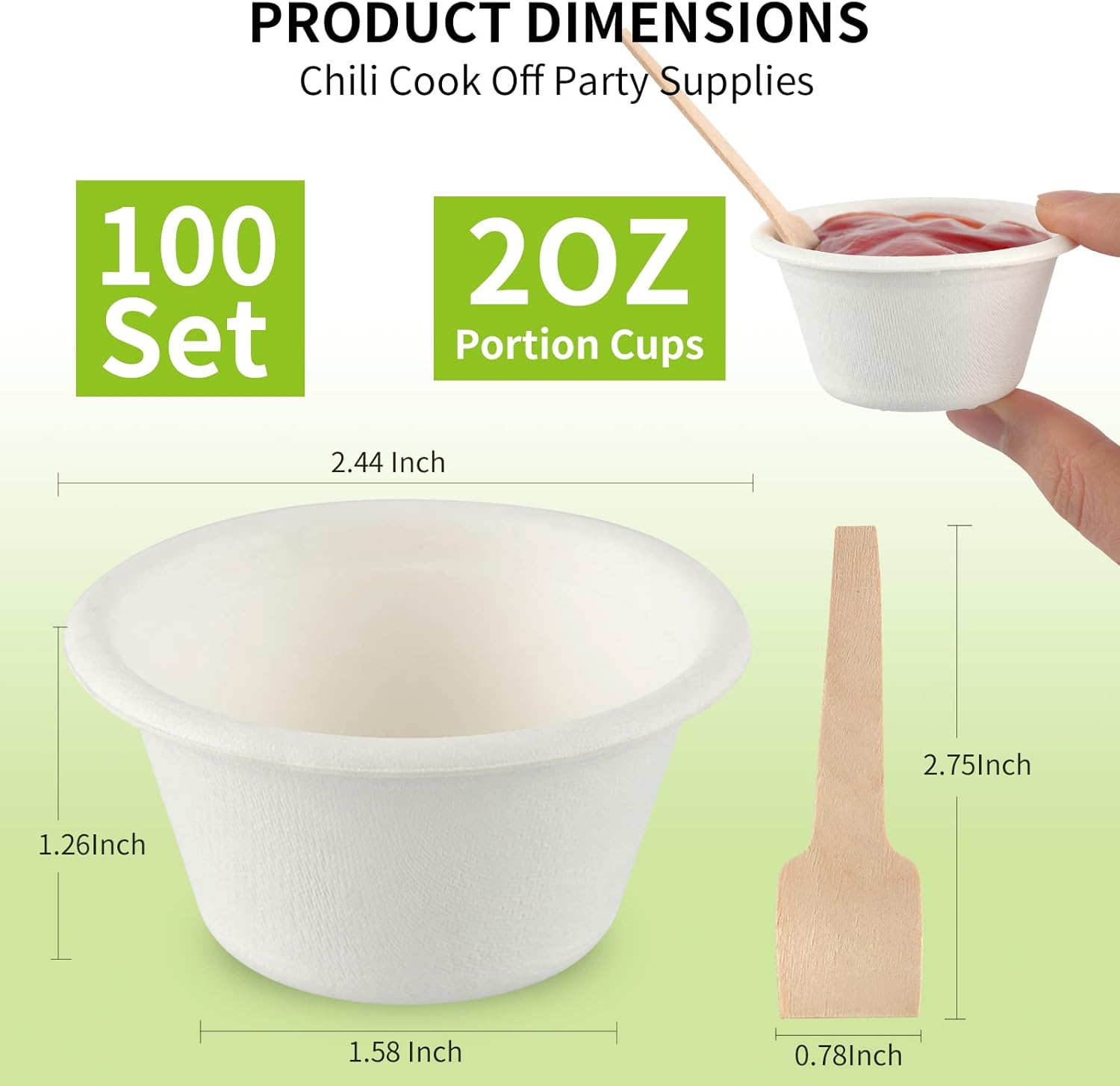 Juego de 100 tazas de porciones de 2 onzas, tazas de papel para soufflé con cucharas de madera, tazas de muestra desechables para cocinar chile para