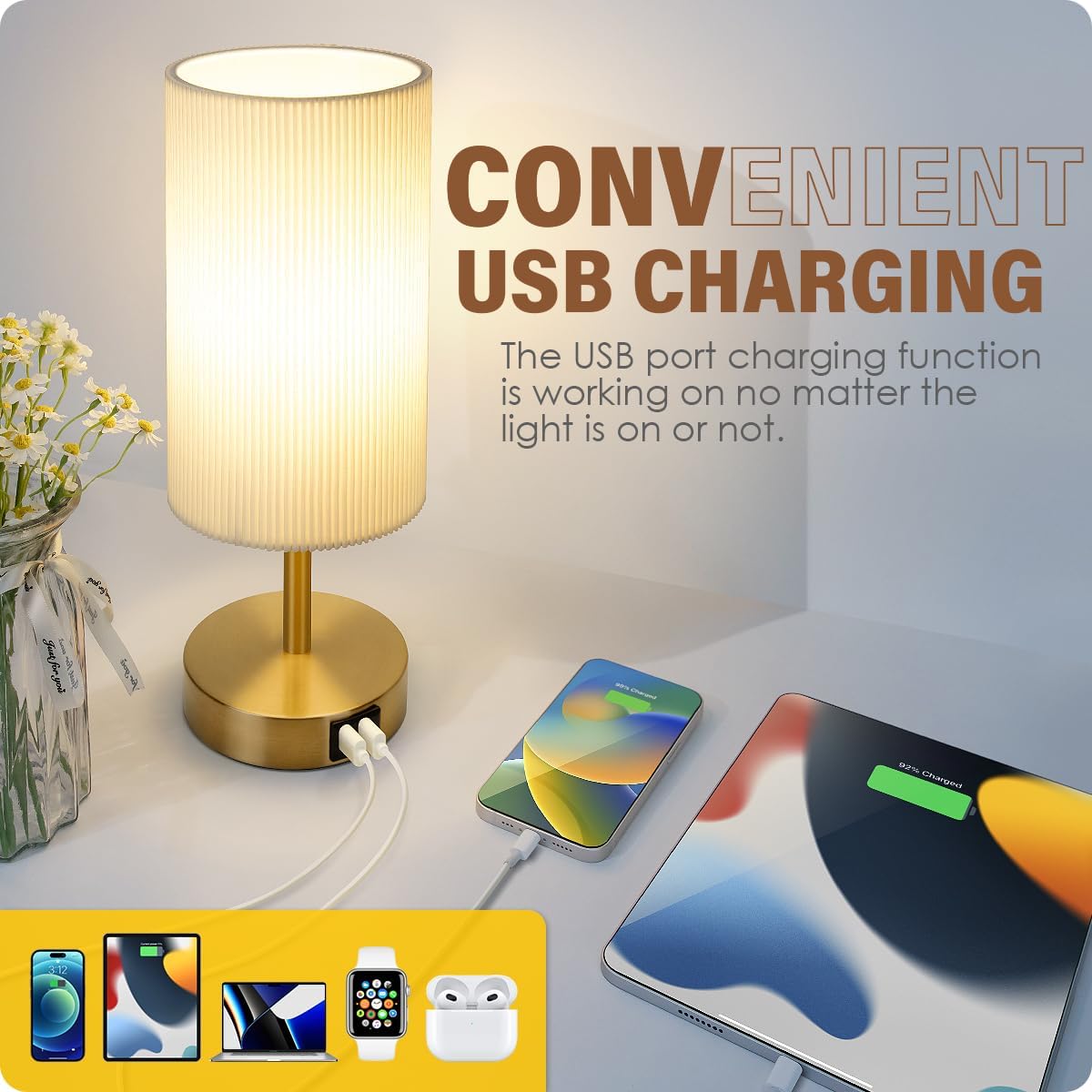 Yarra-Decor Lámpara de noche con puertos de carga USB A+C, juego de dos  Mesa de control táctil para dormitorio, mesa de noche regulable de 3 vías,