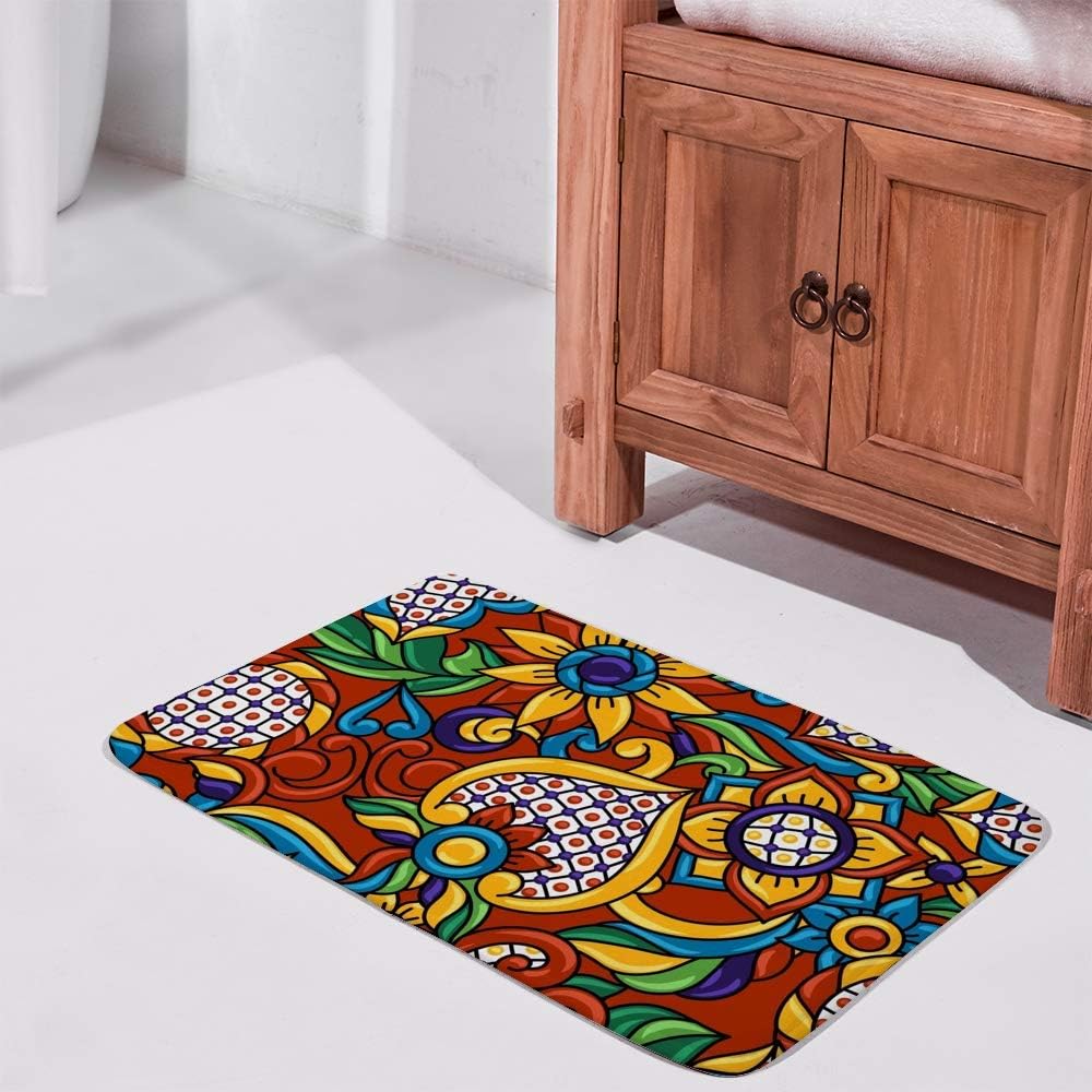 Alfombra de baño antideslizante y absorbente de agua, de terciopelo coral, lavable a máquina, espuma viscoelástica, talavera mexicana, étnica y