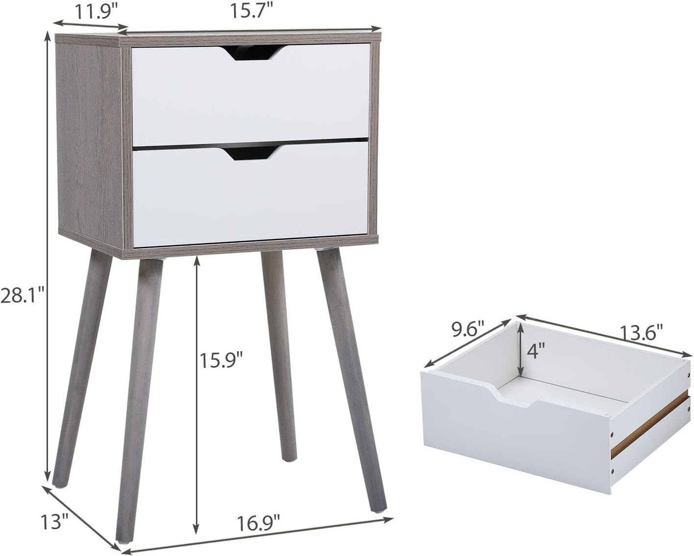 Juego de 2 mesitas de noche con cajón de almacenamiento, patas de madera maciza, mesa auxiliar moderna, mesita de noche, muebles de mediados de