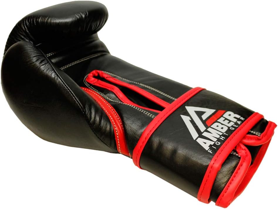 Amber Fight Gear Guantes de boxeo profesionales de cuero con gancho y bucle, guantes de boxeo para entrenamiento de kickboxing, guantes negros de 16