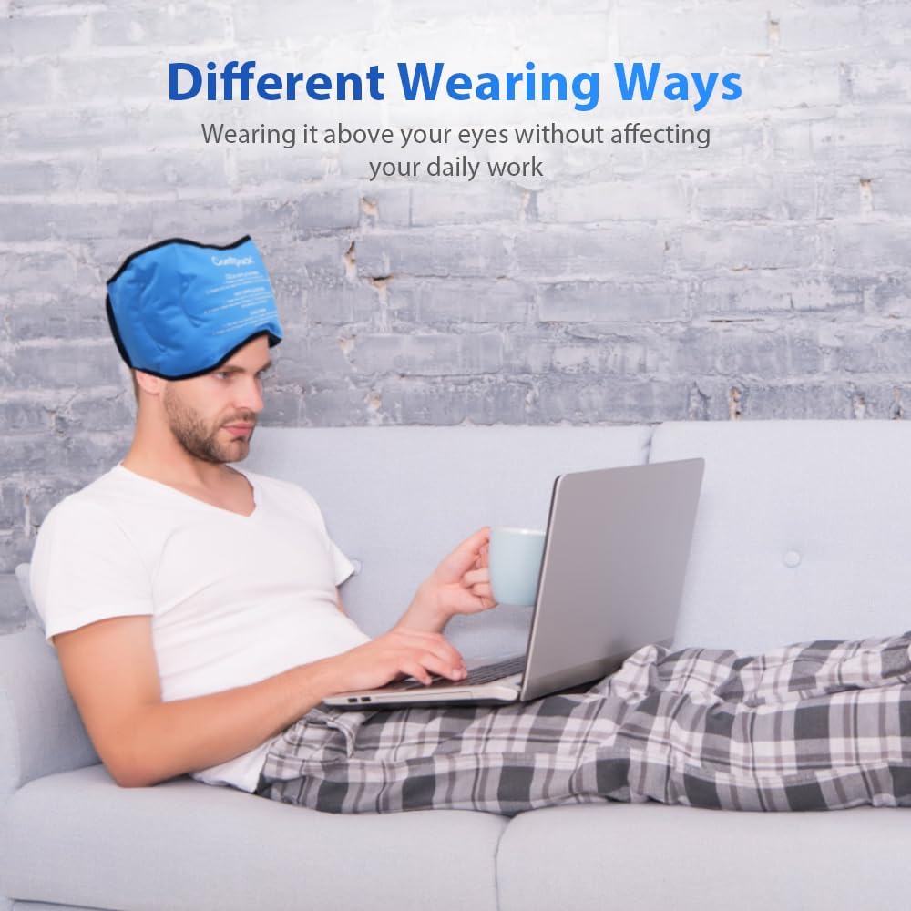 Comfpack Bolsa de hielo para la cabeza para migraña y dolor de cabeza, con respaldo de felpa suave, máscara de gel refrescante para terapia fría y