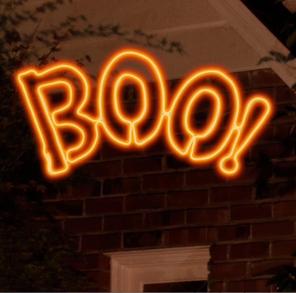 JUSTPRO Large 36×17 Inch Super-Bright 666LED Boo Neon Motif Orange LEDs Outdoor Halloween Decoration with UL Standard Adaptor Waterproof for Outdoor