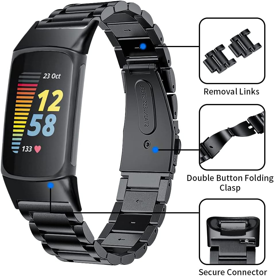 TenCloud Bandas compatibles con Fitbit Charge 6Charge 5 Activity Tracker de acero inoxidable sólido para mujeres y hombres, pulsera de metal para