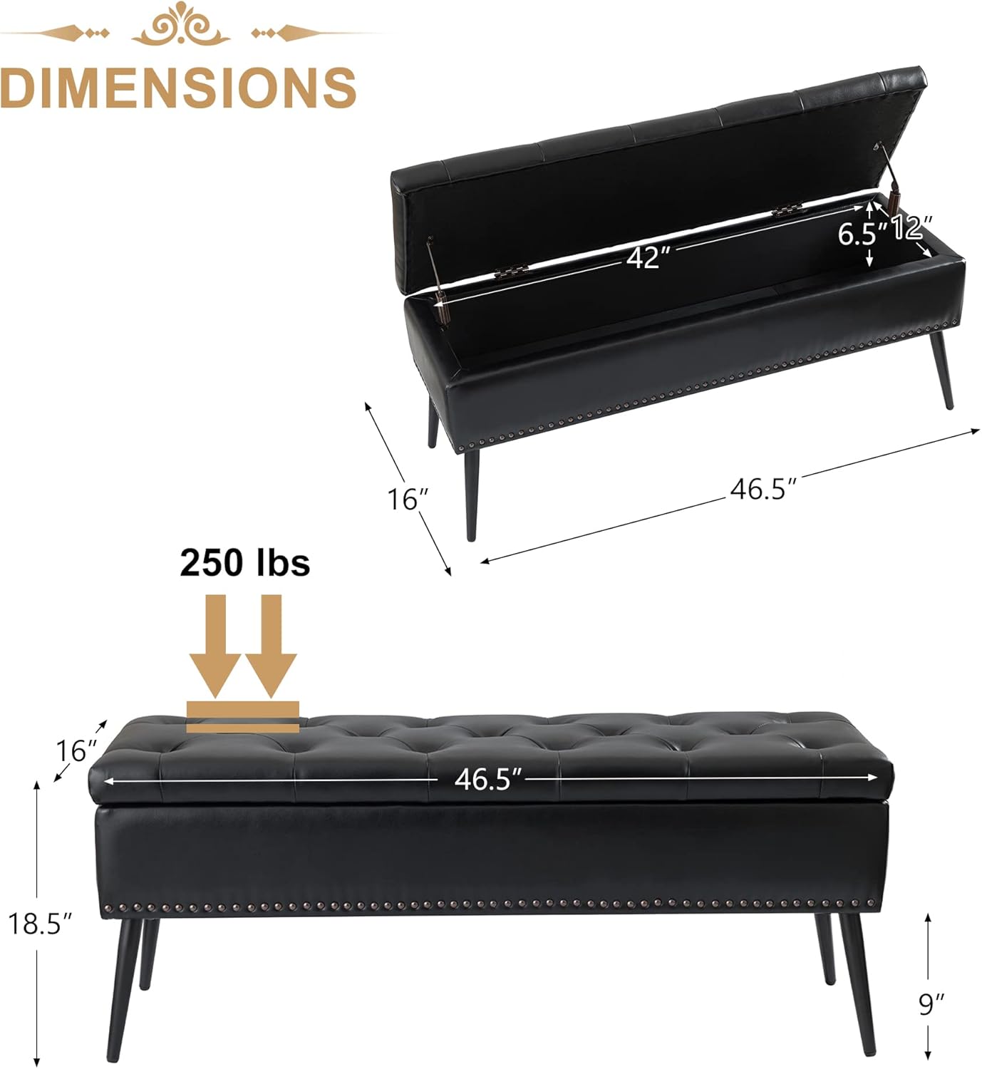 HULALA HOME Moderno banco otomano de almacenamiento de piel sintética con base de metal y ribete de cabeza de clavos, banco tapizado para dormitorio