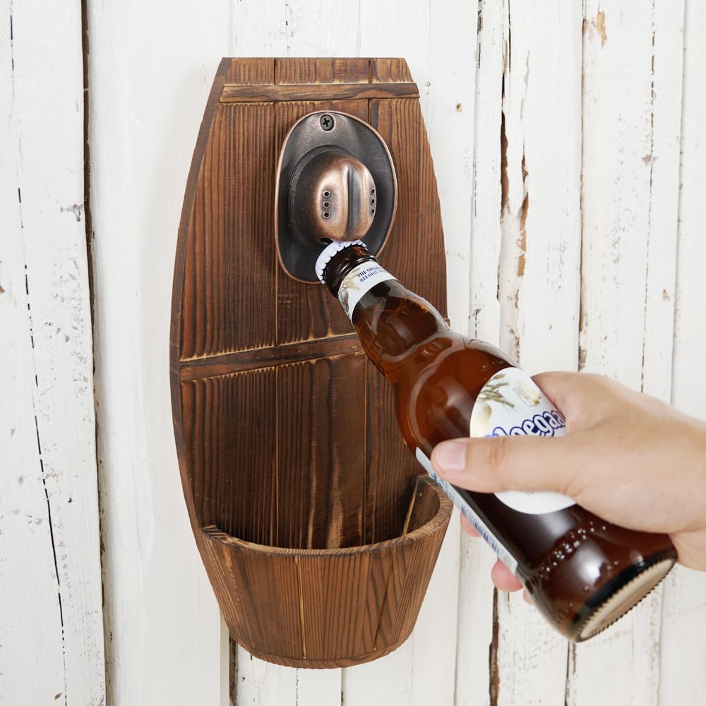 Abrebotellas de barril de cerveza de madera montado en la pared, abrebotellas vintage con colector de tapas, regalo ideal para hombres y amantes de