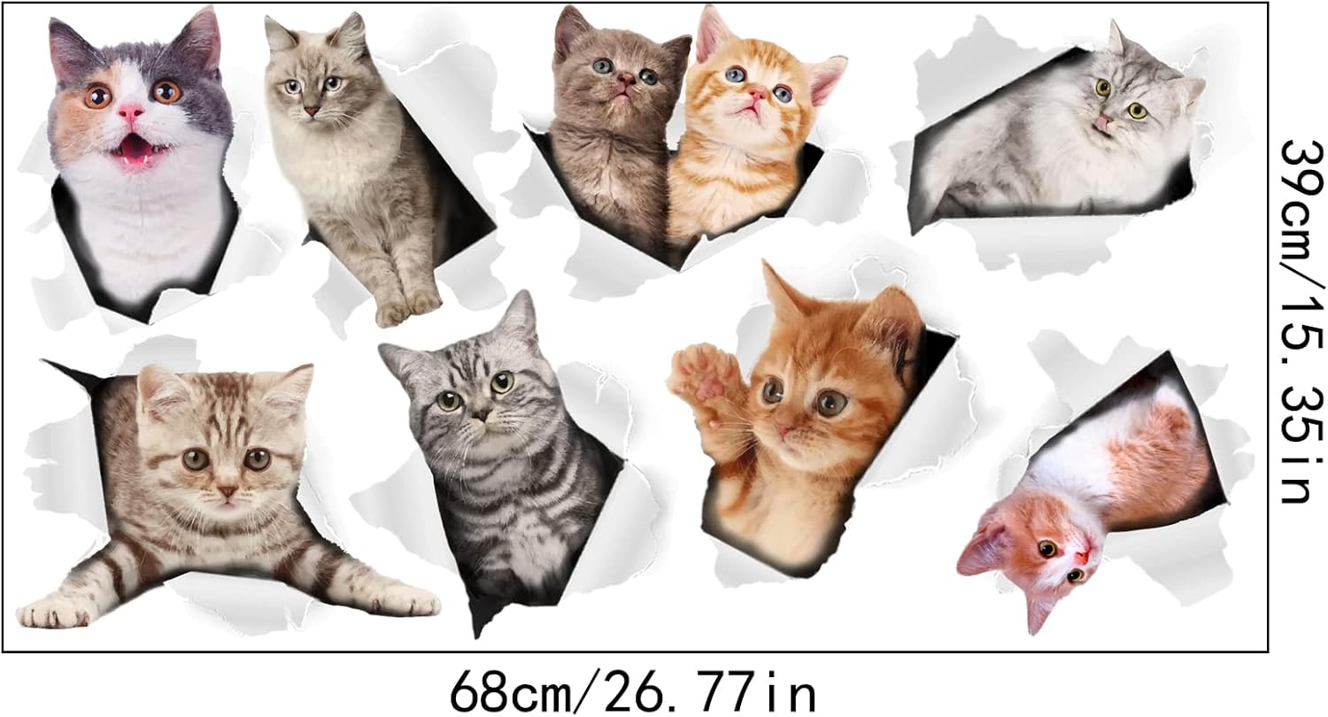 8 calcomanías de pared 3D de gatos, calcomanías de pared extraíbles de vinilo para dormitorio, sala de estar, decoración de pared divertida,