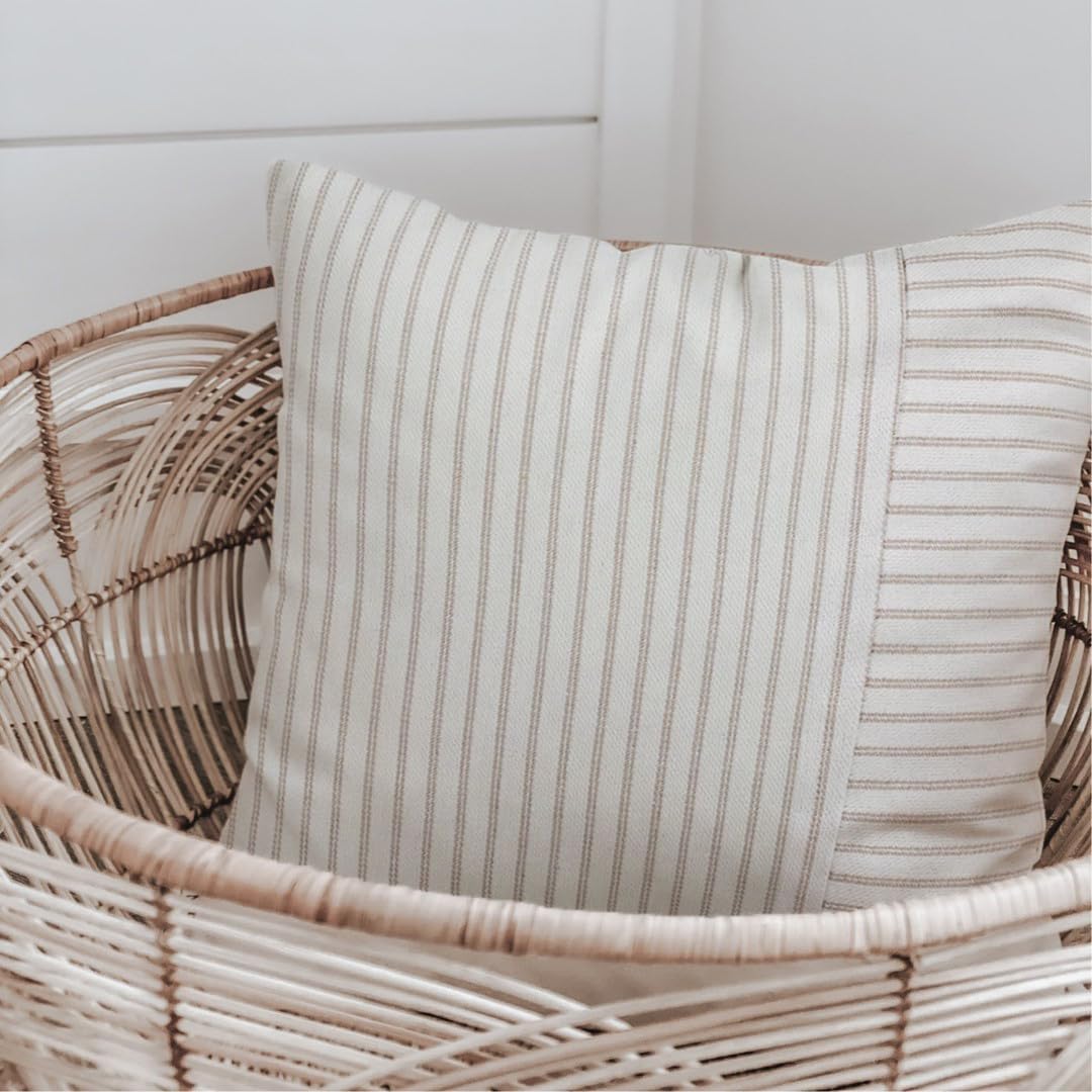Fundas de almohada de retazos caqui y beige de 20 x 20 pulgadas, paquete de 2 fundas de almohada decorativas de lino a rayas para sofá, silla,