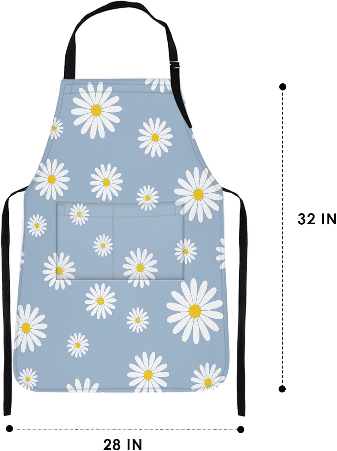 Britimes Delantal de cocina para el hogar, cocina, horneado, jardinería, para mujeres y hombres, con bolsillos, margaritas azules, cielo, 32 x 28