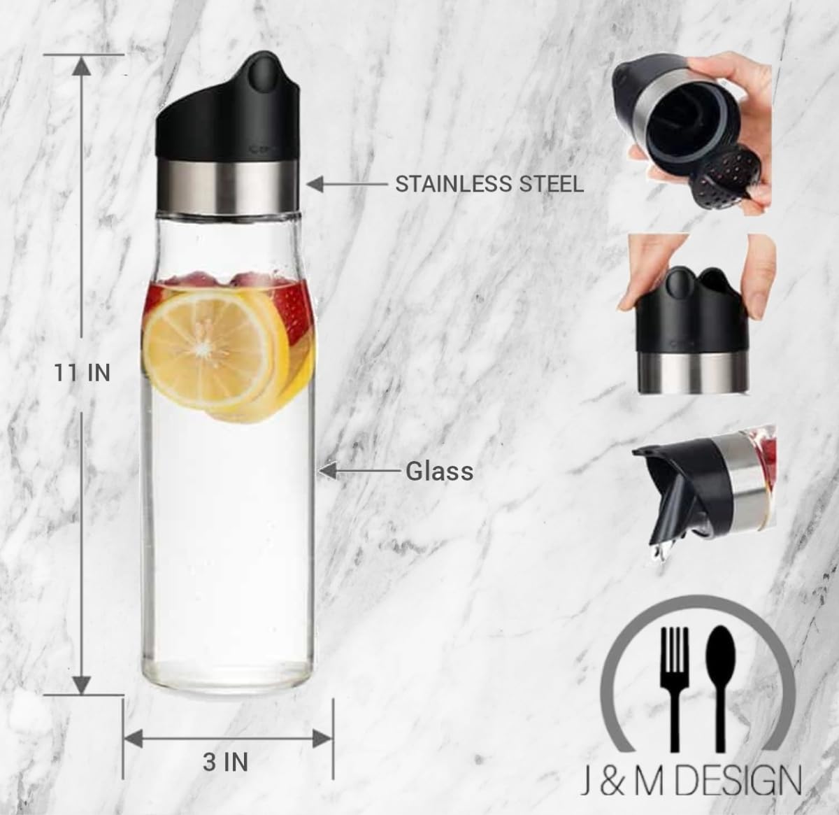 J&M DESIGN Jarra de agua de vidrio de 28 onzas con tapa de acero inoxidable y plástico de fácil torsión, con colador extraíble para bebidas de jugo,