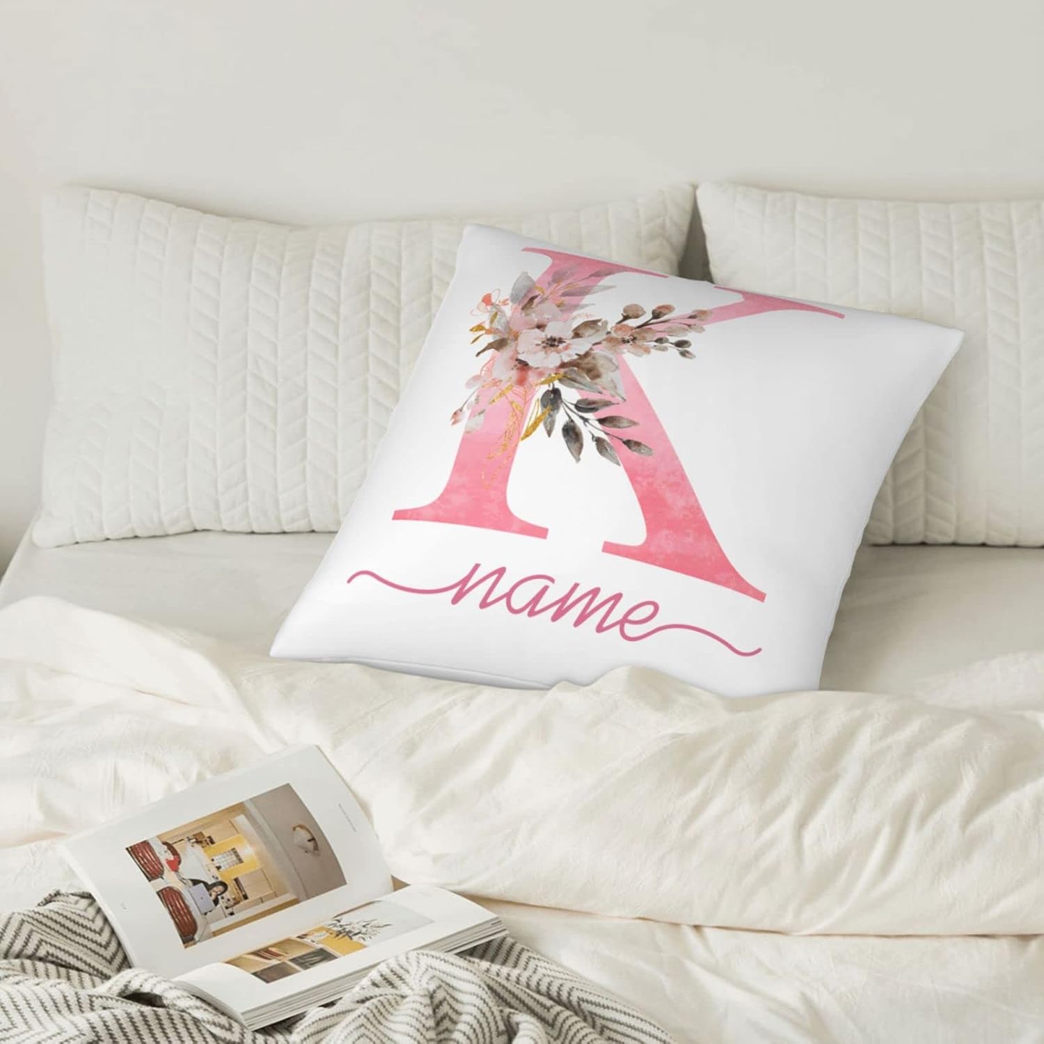 Fundas de almohada personalizadas con nombre, fundas de almohada personalizadas, fundas de almohada personalizadas con letras y flores, regalos