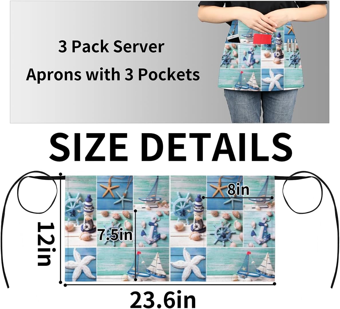 3 Pocket Waist Apron, Pack of 3, Color Of Ocean Server Short Apron for Men Women, Kitchen, Restaurant, Cafe Delantales De Mesera Para Mujer Waitress