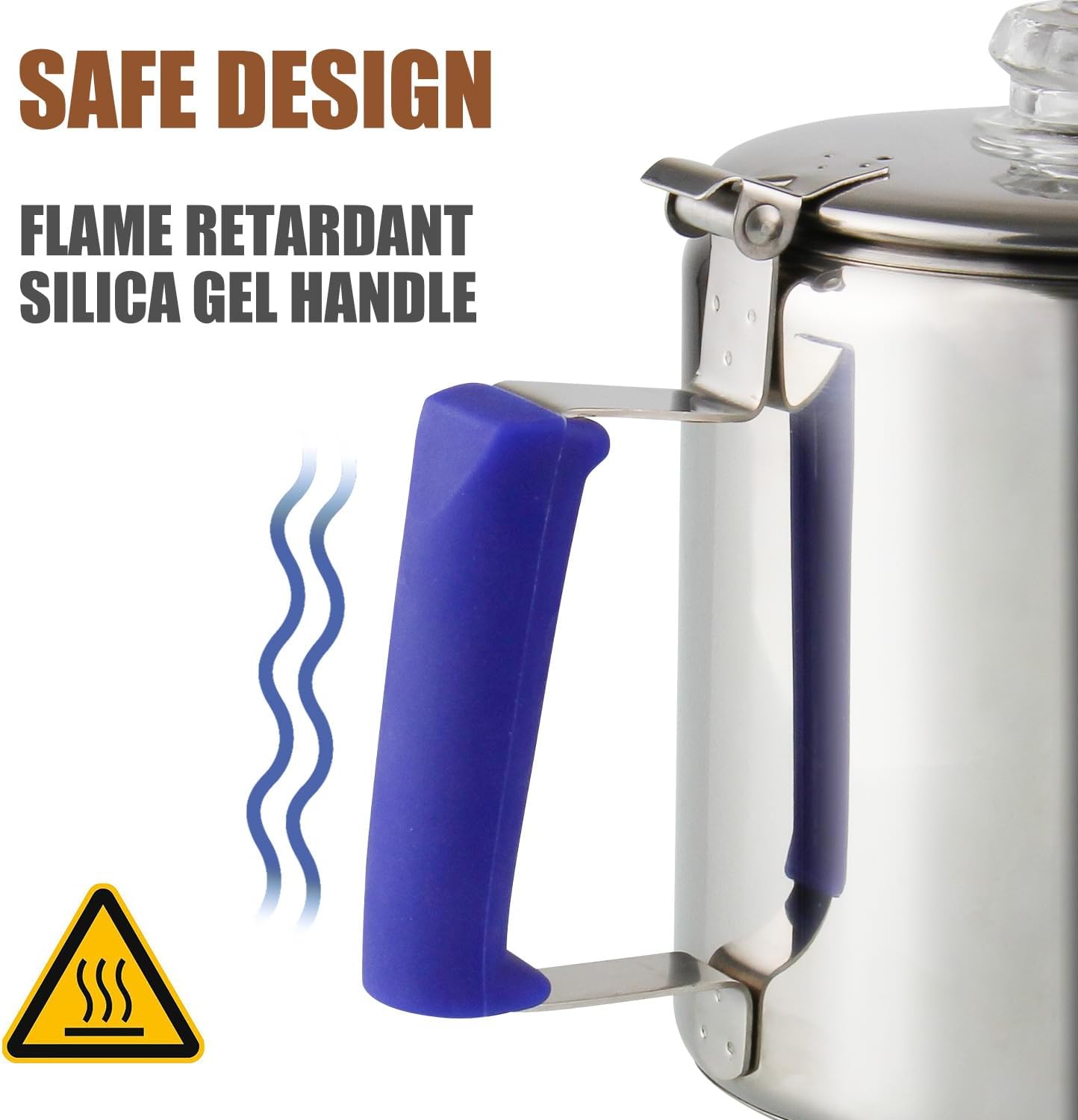 Percolador de café multiusos con perilla de vidrio resistente al calor y mango de gel de sílice azul, cafetera de acero inoxidable para cocina de