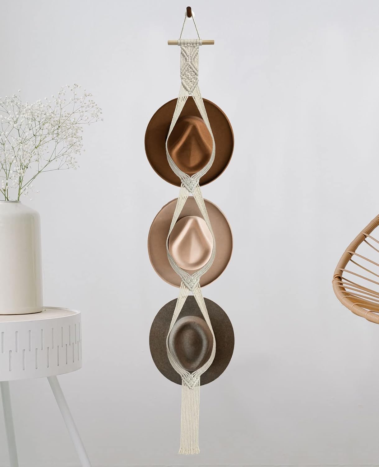 Organizador de sombreros de macramé para pared, colgadores bohemios para colgar en la pared, tejido a mano, organizador decorativo para sombreros de