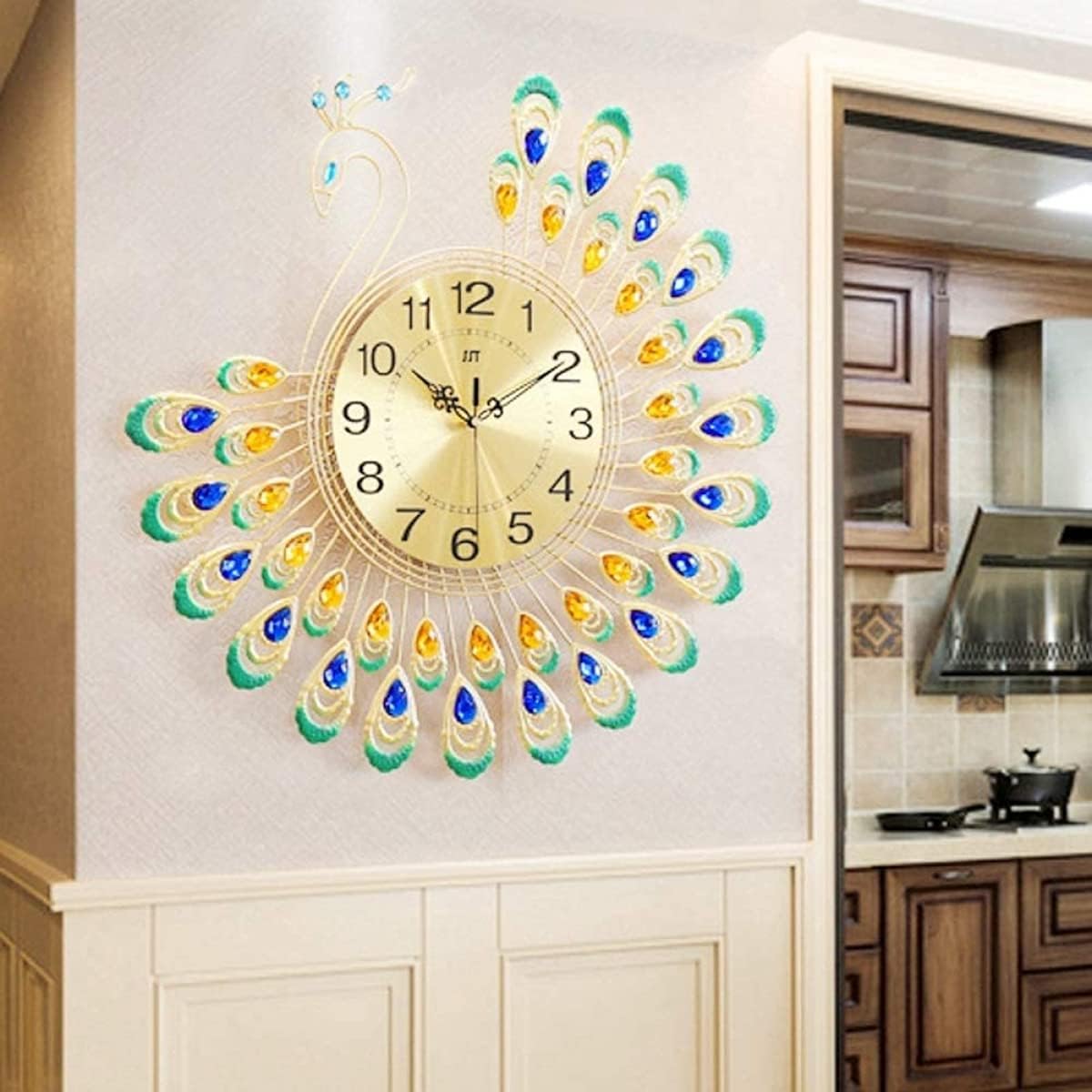 VIXPET Reloj de pared de pavo real, reloj de pared de pavo real, cristal 3D, forma de pavo real, sin tictac, reloj silencioso para sala de estar,