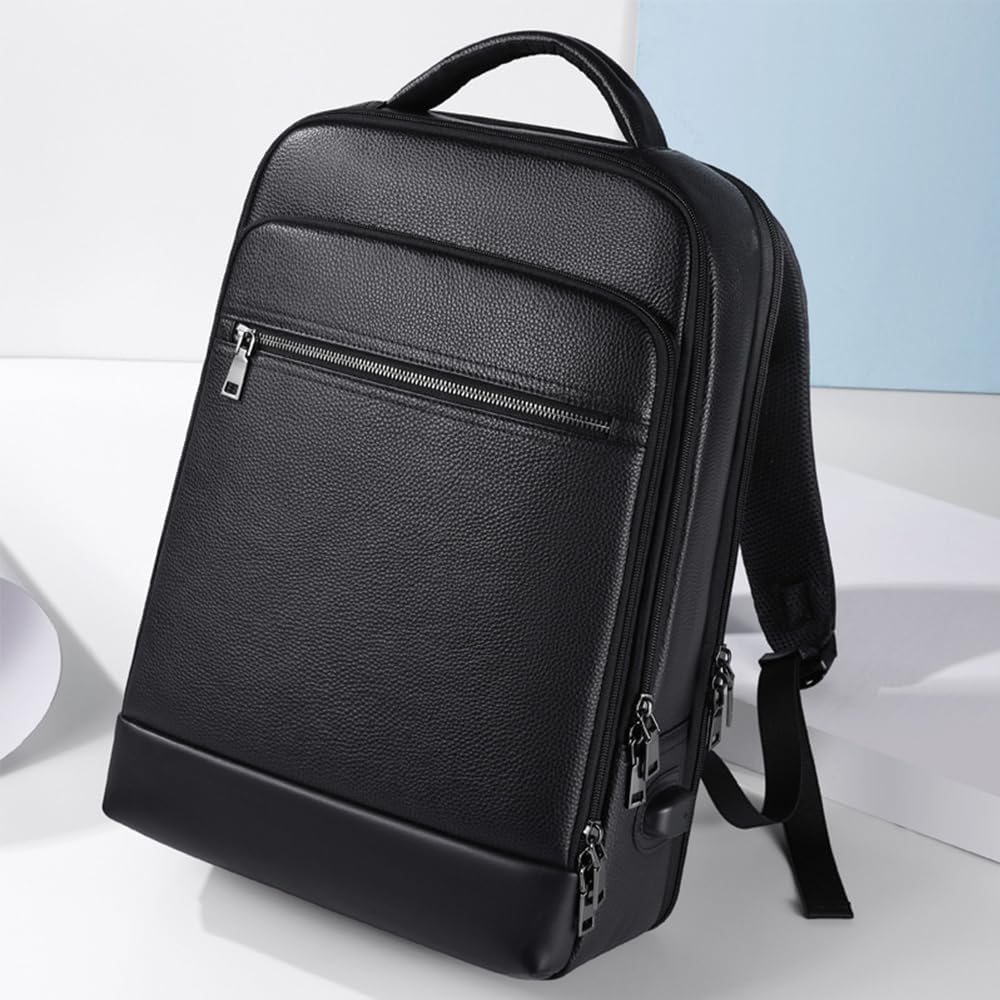Genuine Leather 15.6 Inch Laptop Backpack for Men & Women, Black Business Travel Backpack, Hiking Rucksack Daypack