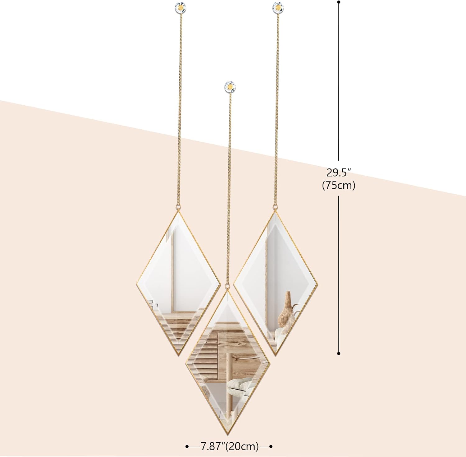 PHOSPHOR Espejo de pared decorativo de diamante, juego de 3 piezas de espejo dorado para decoración del hogar con cadena colgante, espejos de pared