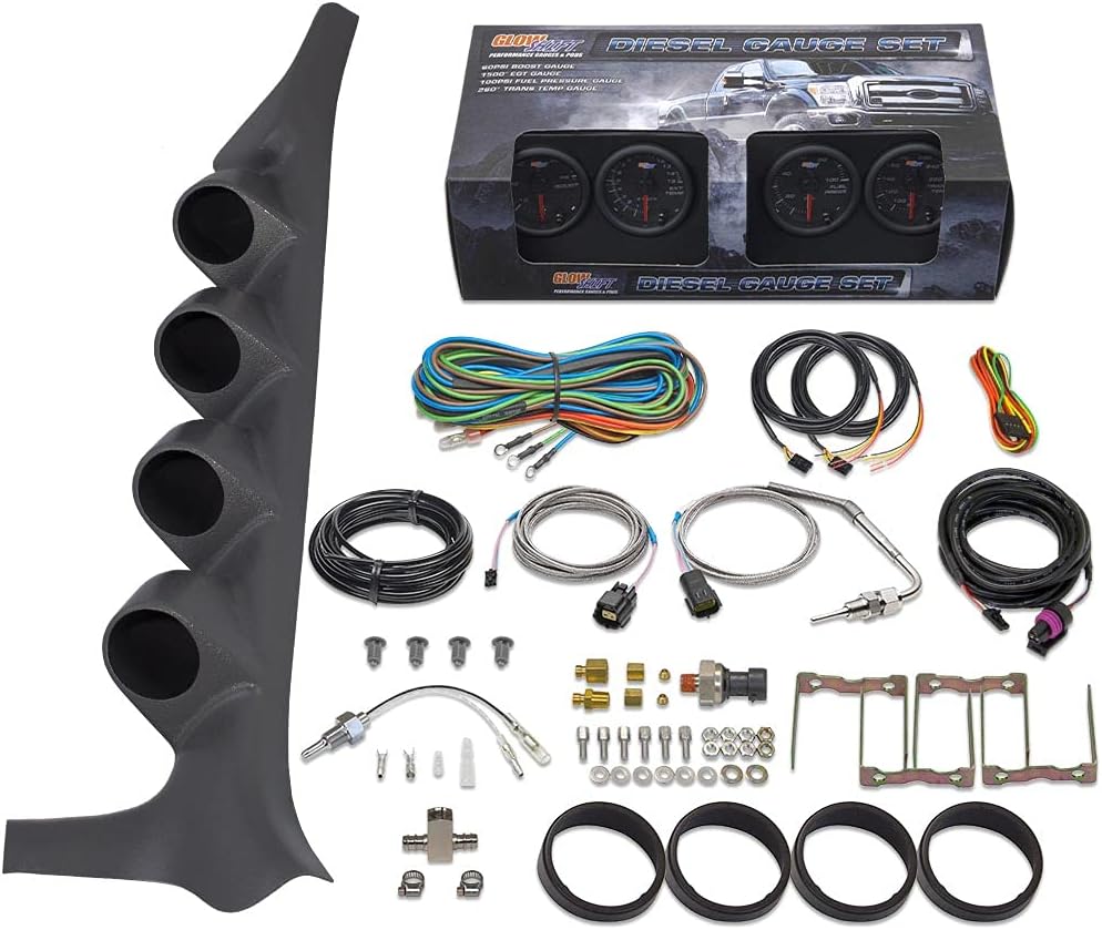GlowShift Paquete de medidor diésel compatible con Ford F-Series F-250 F-350 1992-1997  Negro 7 colores 60 PSI Boost, 1500F EGT, temperatura de