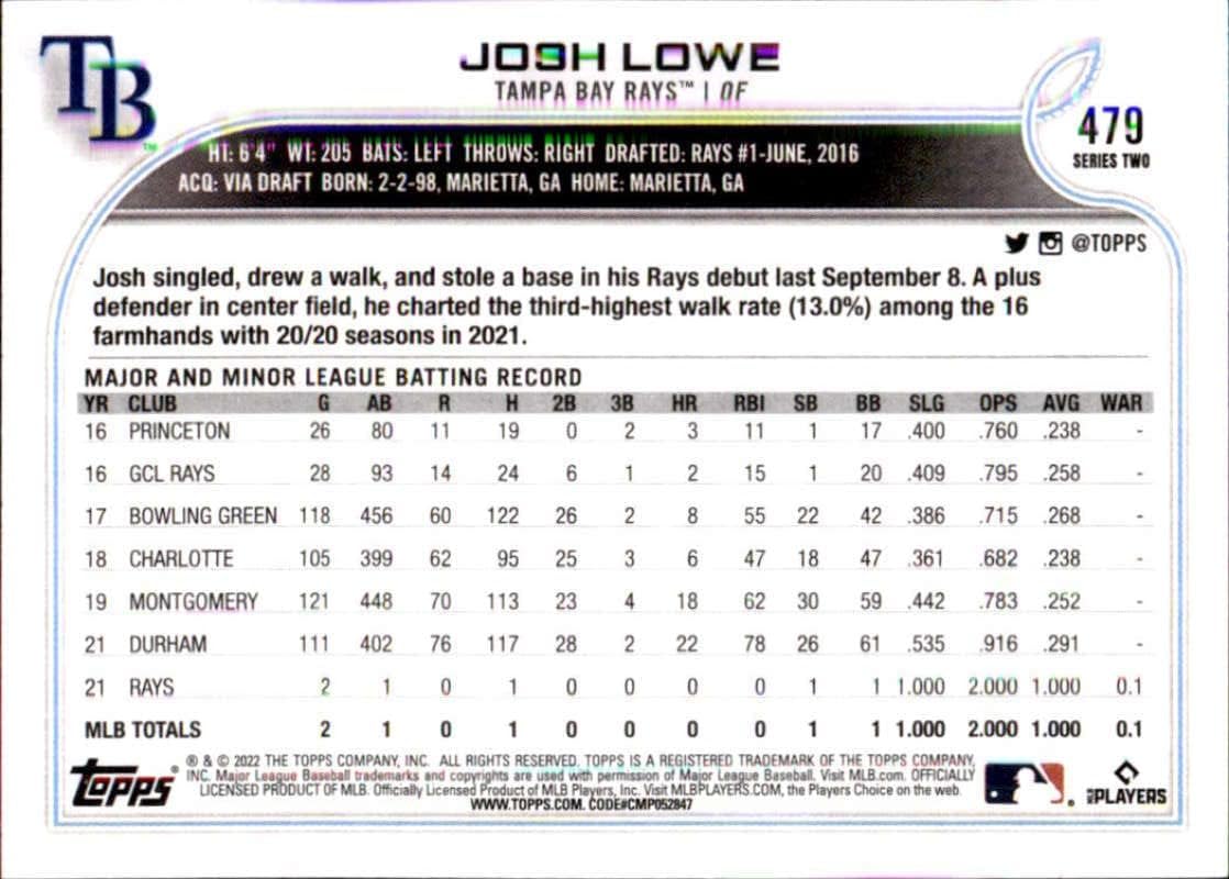 Josh Lowe RC 2022 Topps #479 ROOKIE NM+-MT+ MLB Baseball Rays