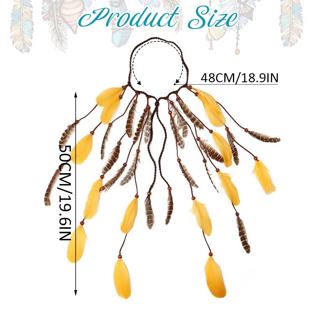 CAKURE Tocado de plumas estilo bohemio hippie, tocado de plumas indias, bandas ajustables para el cabello, accesorios para el cabello de plumas