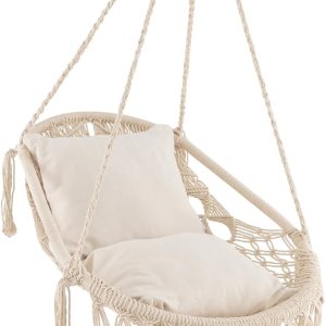 HAPPYGRILL Silla hamaca colgante con cojines de asiento suaves, columpio de macramé para interiores y exteriores, cuerda y cadena resistentes, silla HAPPYGRILL Silla hamaca colgante con cojines de asiento suaves, columpio de macramé para interiores y exteriores, cuerda y cadena resistentes, silla