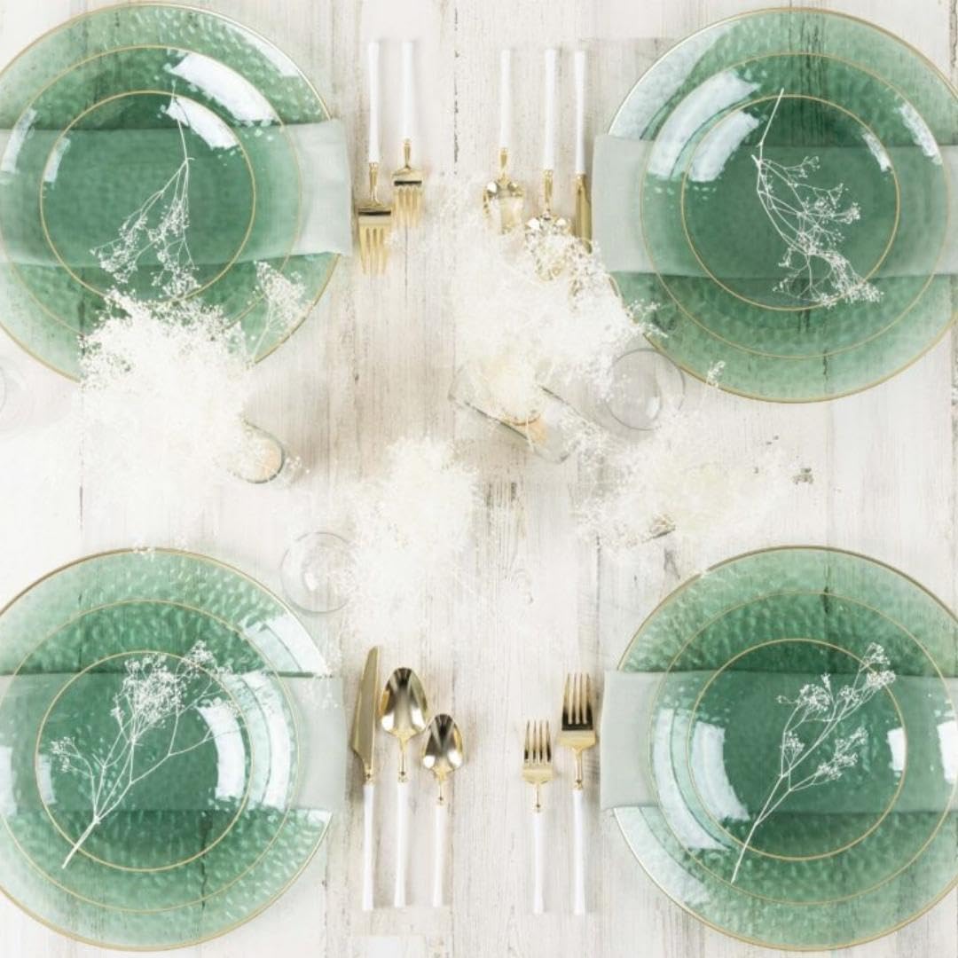 Blue Sky Platos redondos de plástico verde martillado orgánico con borde dorado, 10 pulgadas (10 unidades)  Elegante vajilla desechable para fiestas