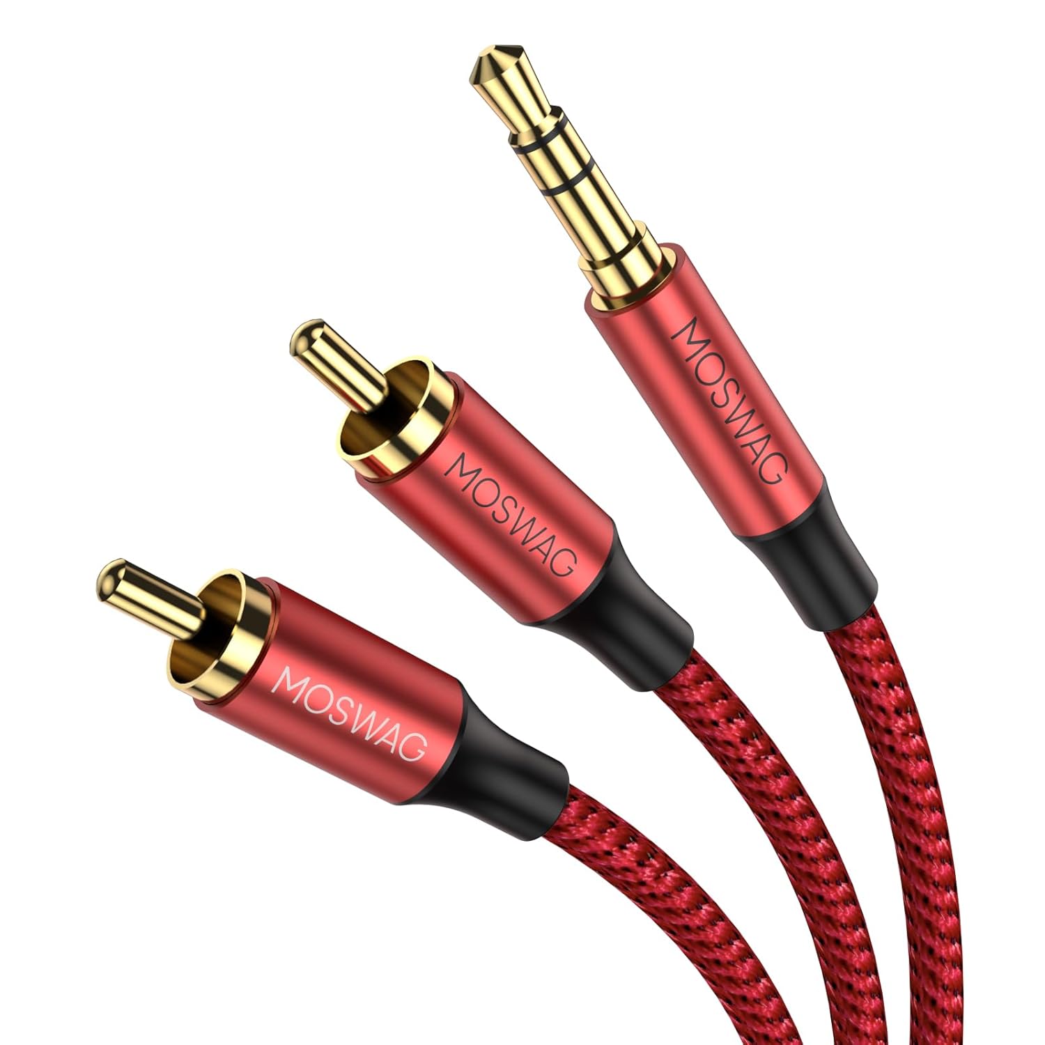 MOSWAG Cable RCA, adaptador de audio estéreo macho de 0.138 in a 2RCA macho, doble blindado, chapado en oro, cable coaxial trenzado de nailon AUX