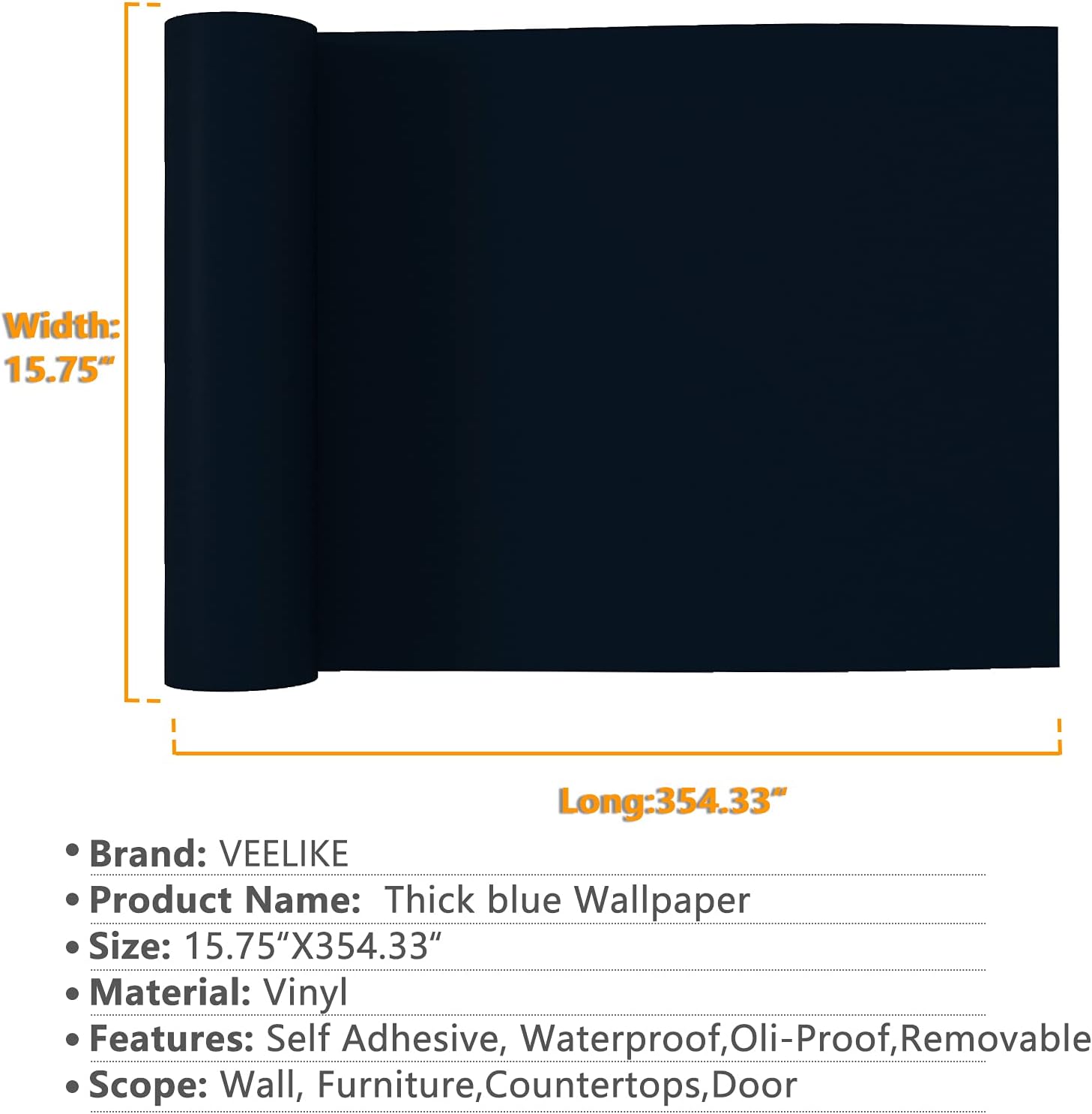 VEELIKE Papel tapiz de 15.7 x 354 pulgadas, color azul sólido, autoadhesivo, mate, azul marino, papel de contacto, extraíble, impermeable, película