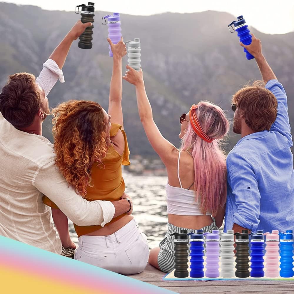 Botella de agua plegable de silicona, botellas de agua plegables de viaje, 18.6 fl oz con mosquetón, botellas de agua deportivas portátiles para
