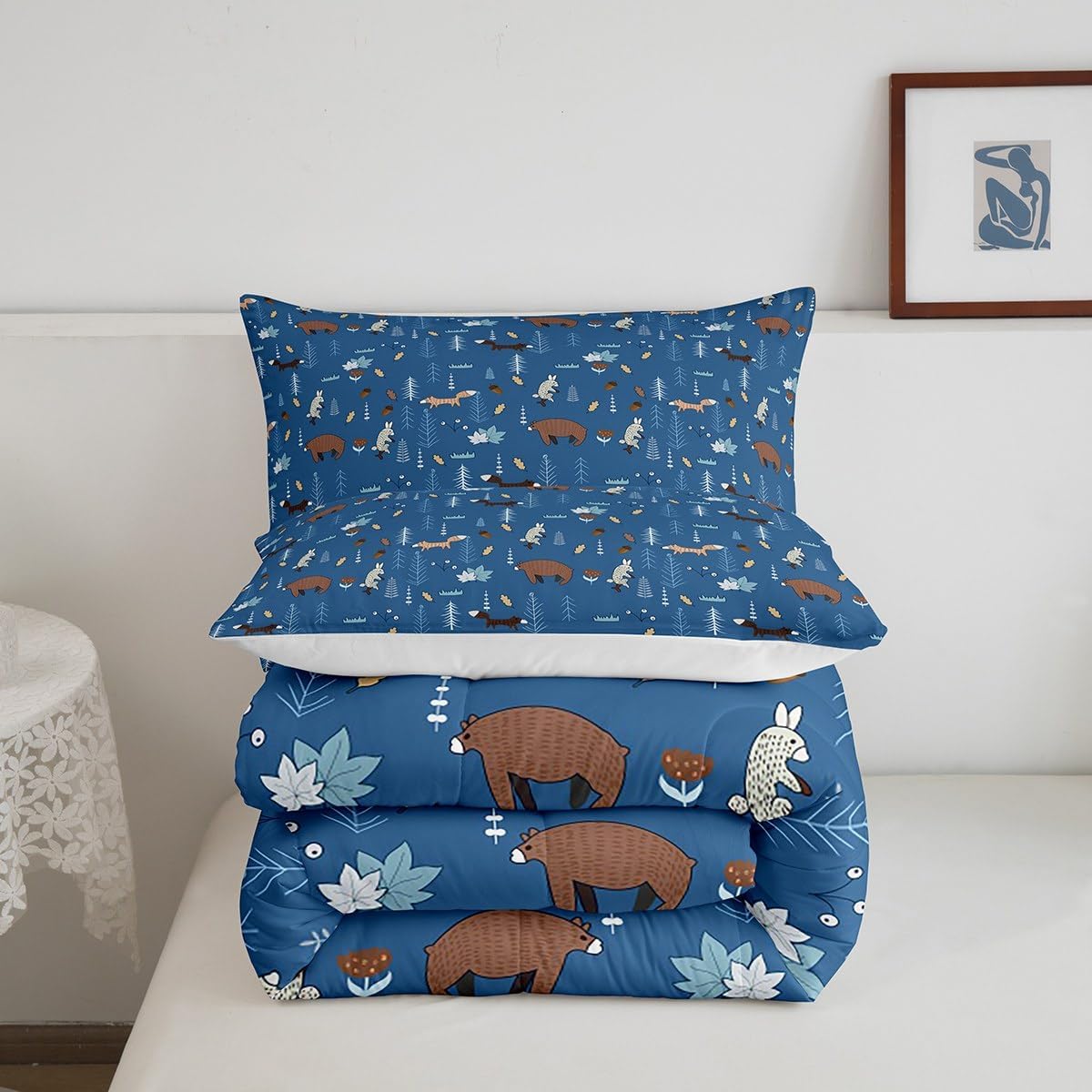Juego de edredón de oso tamaño individual, juego de ropa de cama de animales de dibujos animados azul marino para niños, lindo juego de edredón de