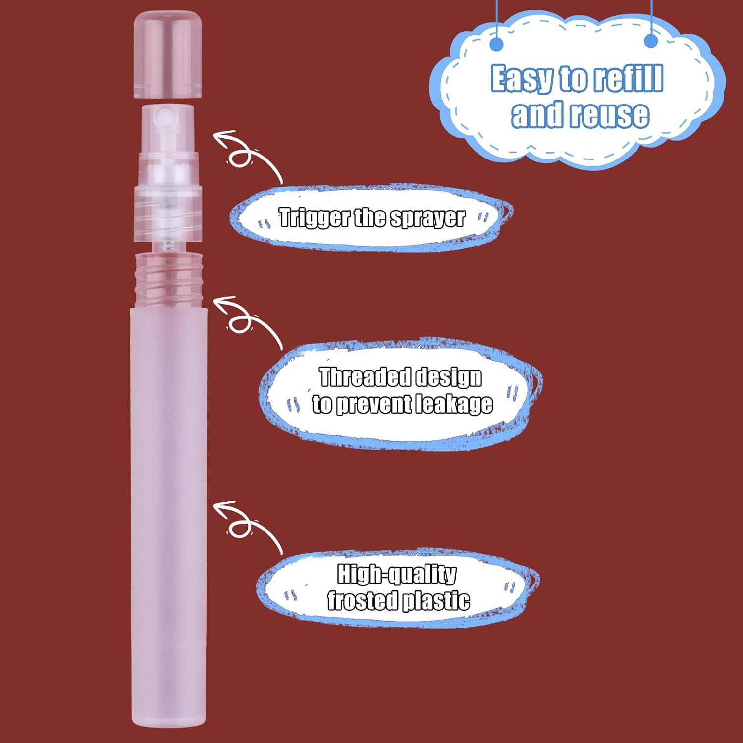 LUTER 5 atomizadores de perfume de 0.3 fl oz rellenables, botellas rociadoras de plástico mate de tamaño pequeño de viaje con tubo dispensador de